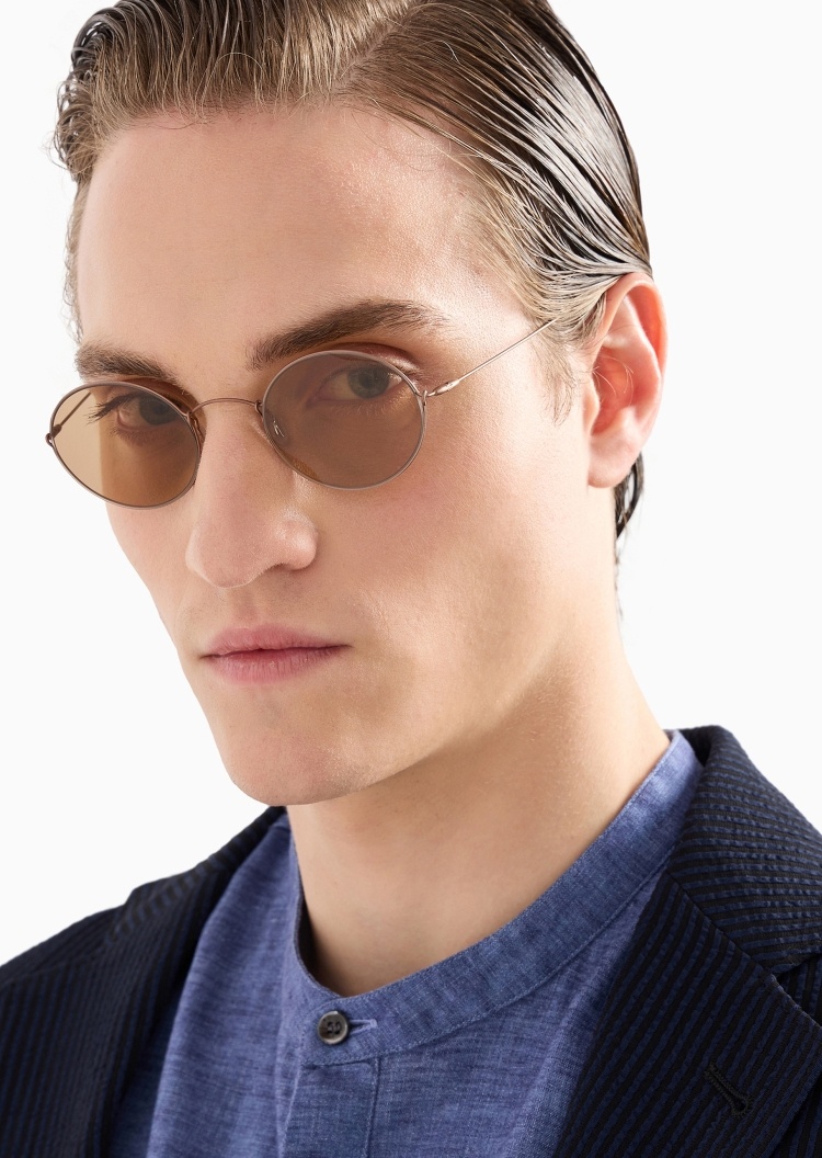 Giorgio Armani 男士椭圆形细框金属镜腿太阳眼镜