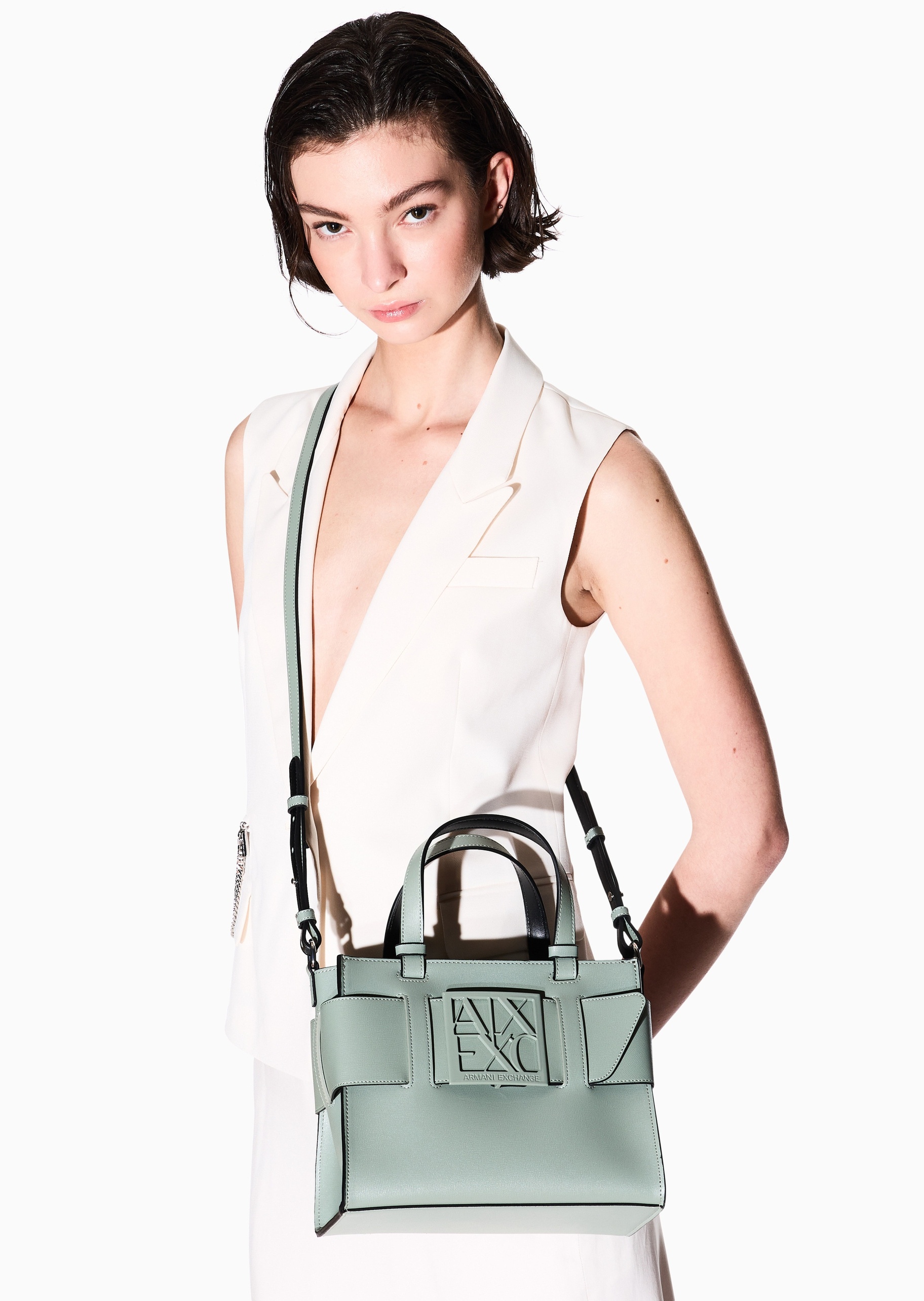 ARMANI EXCHANGE 女士小号拉链可拆肩带宽饰带斜挎手提托特包