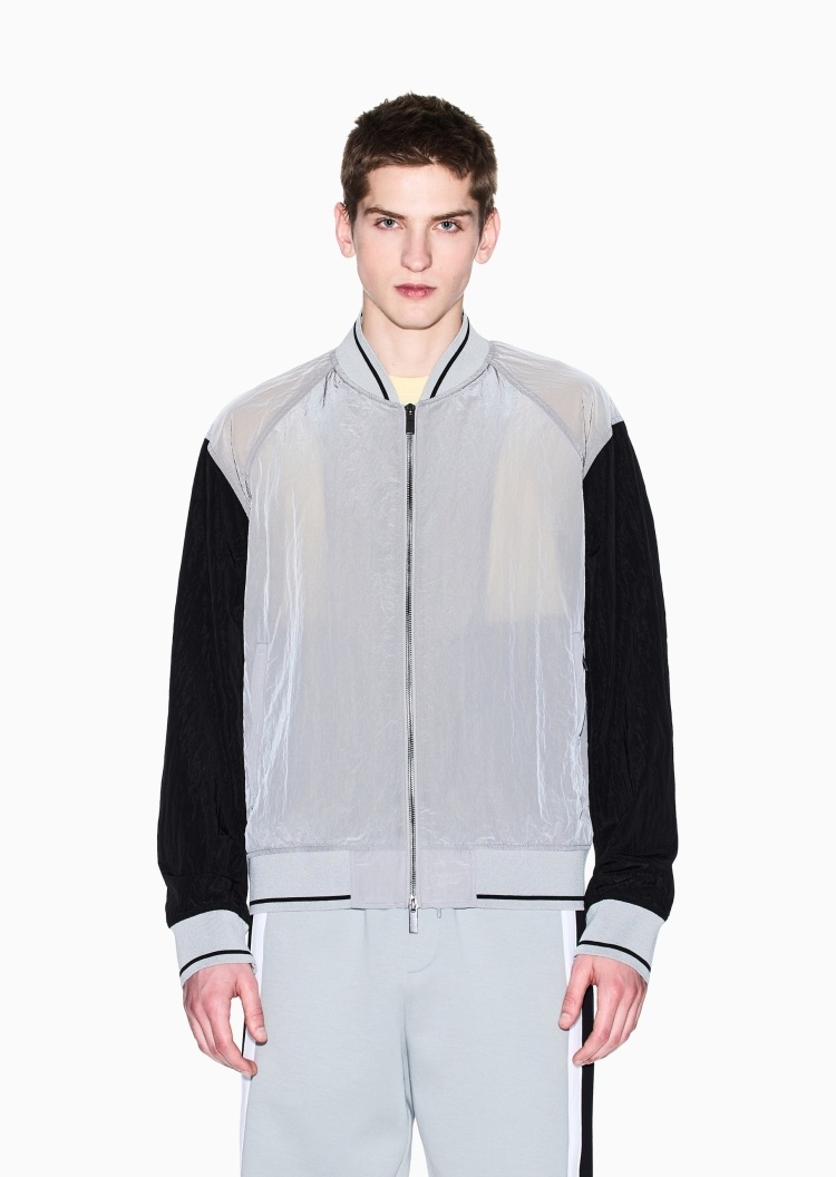 ARMANI EXCHANGE 男士合身短款棒球领插肩拼色飞行员夹克