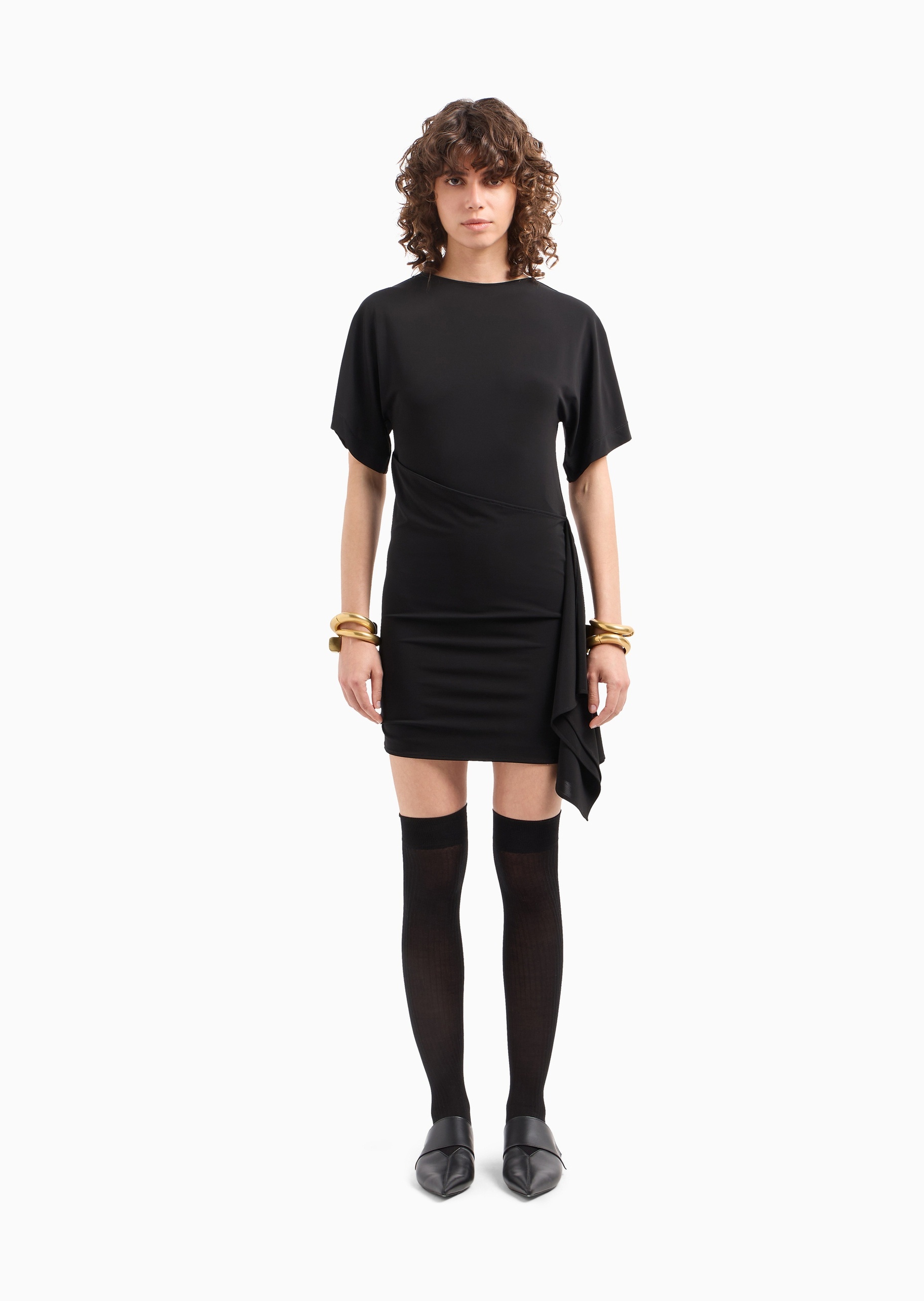 Emporio Armani 女士人造棉弹力修身短款荷叶边连衣裙