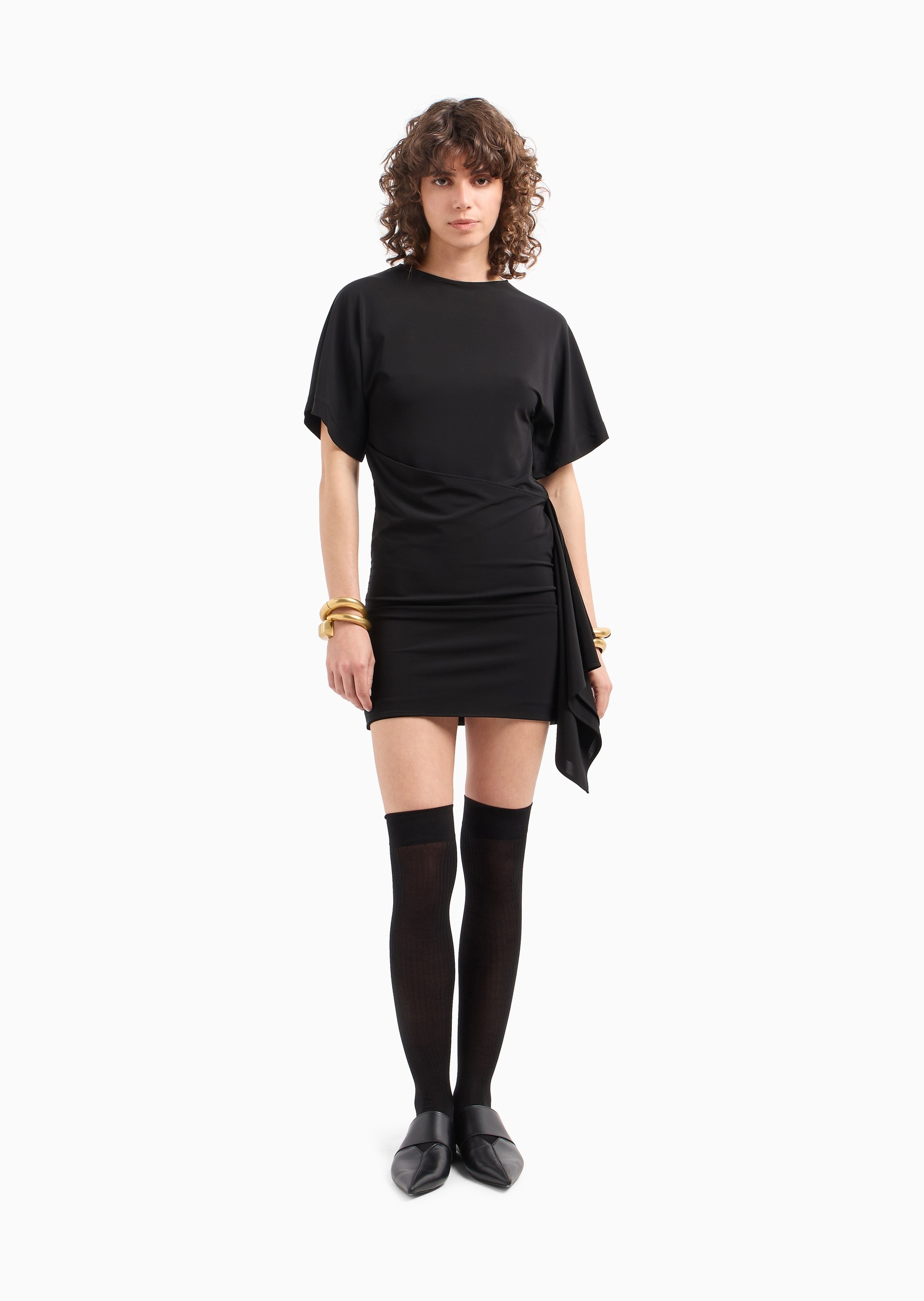 Emporio Armani 女士人造棉弹力修身短款荷叶边连衣裙