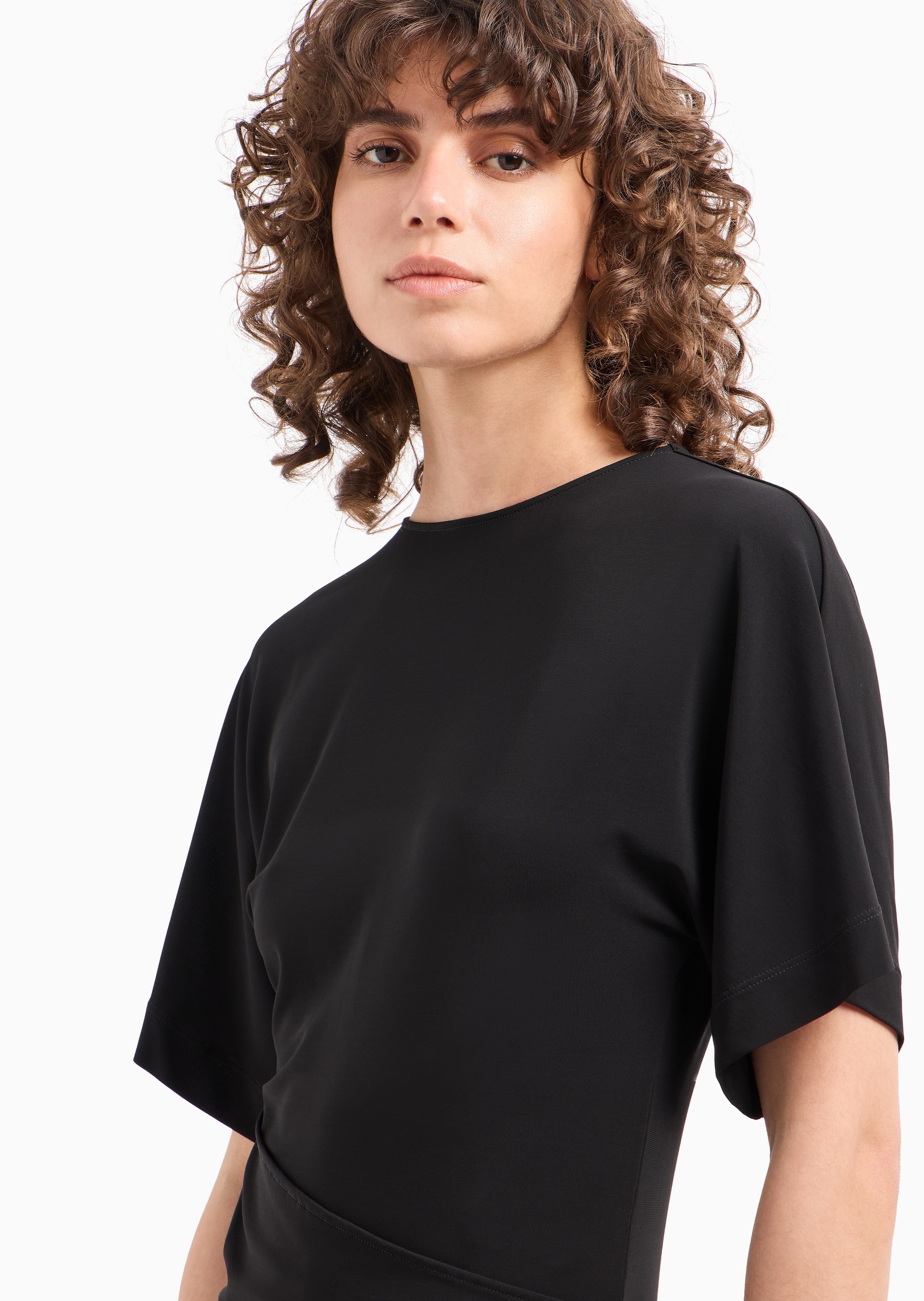 Emporio Armani 女士人造棉弹力修身短款荷叶边连衣裙