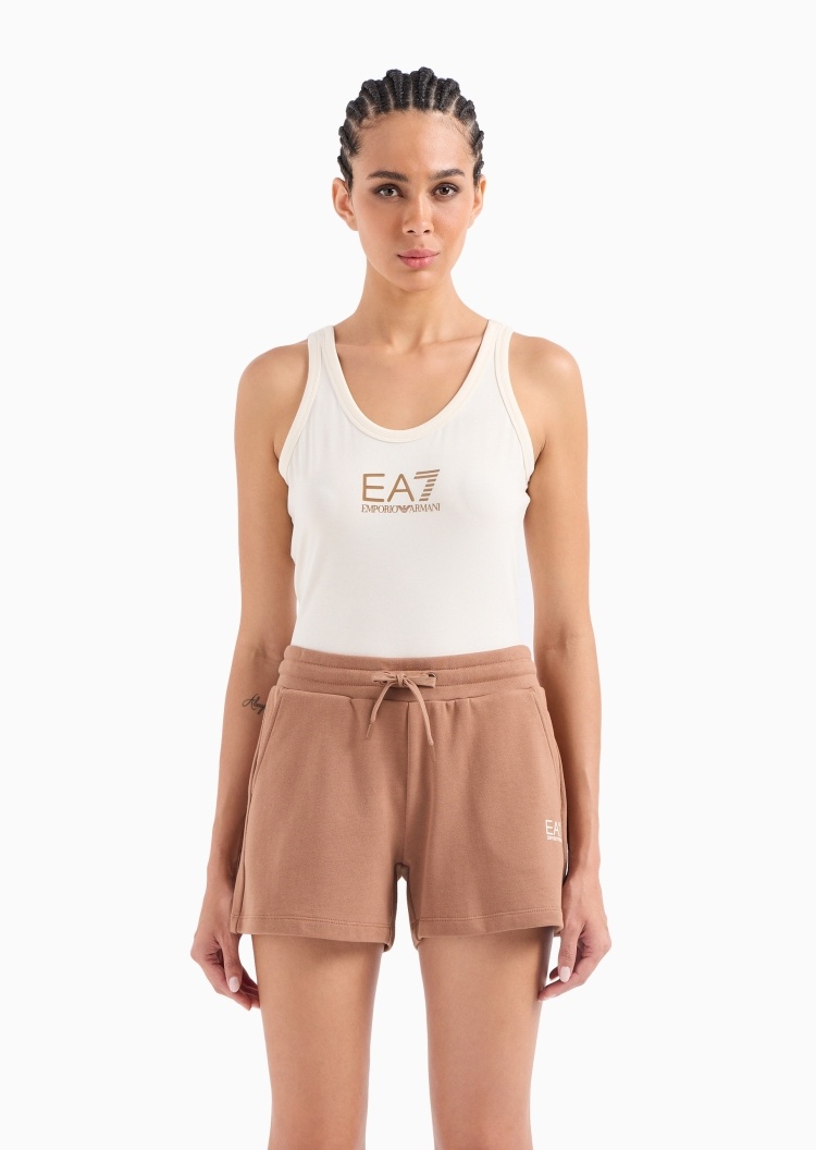 EA7 女士全棉合身系带腰印花健身训练短裤