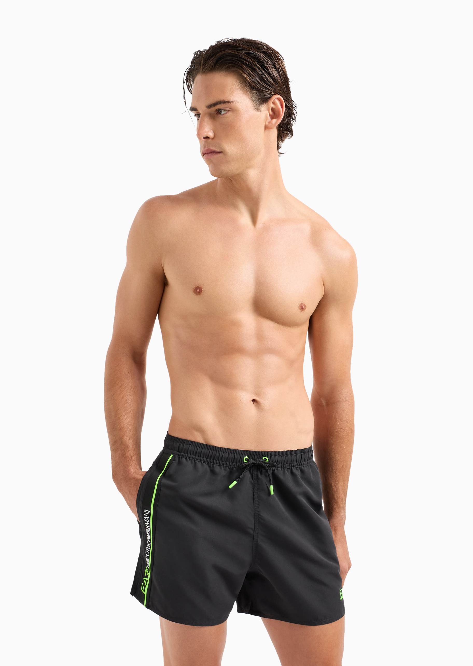 EA7 男士合身系带腰短款印花游泳沙滩裤