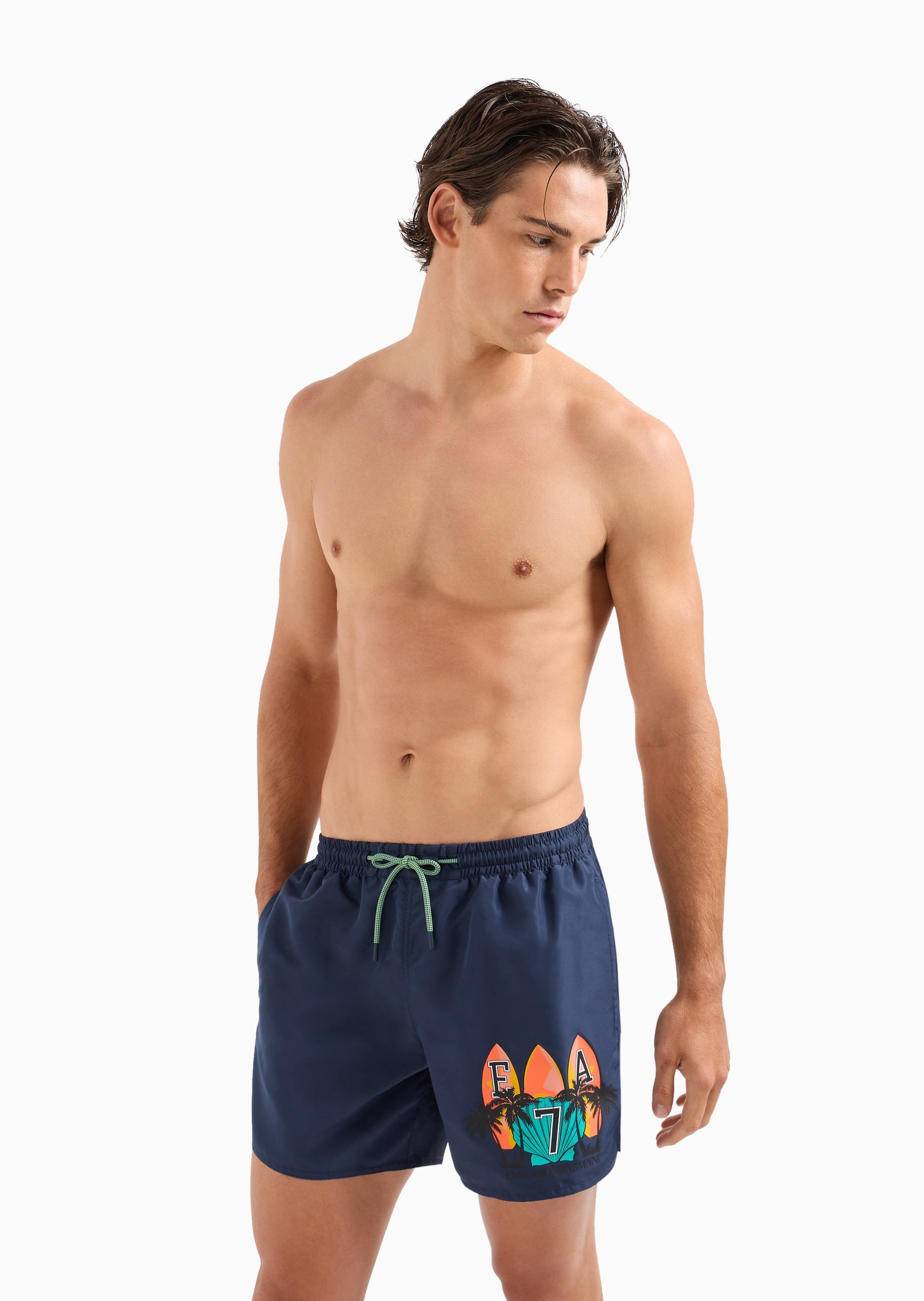 EA7 男士合身系带腰短款潮流印花游泳沙滩裤