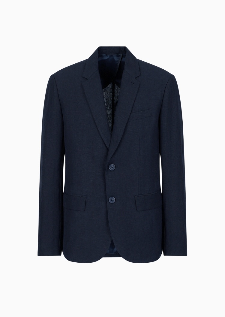 ARMANI EXCHANGE 男士亚麻合身长袖平驳领单排扣西装外套