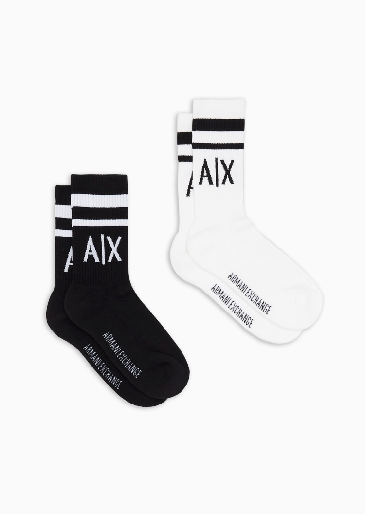 ARMANI EXCHANGE 女士棉质微弹中筒两双装撞色提花袜子套装