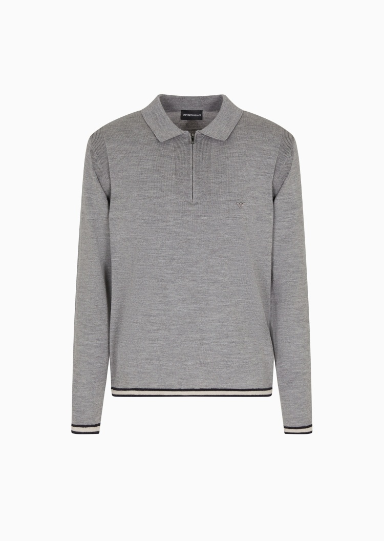 Emporio Armani 男士绵羊毛Polo领套头半拉链针织毛衣
