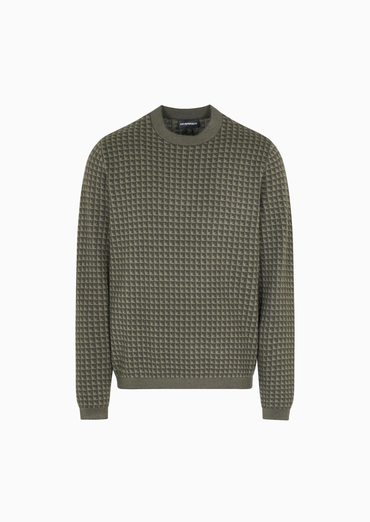 Emporio Armani 男士圆领绵羊毛提花格纹套头针织毛衣