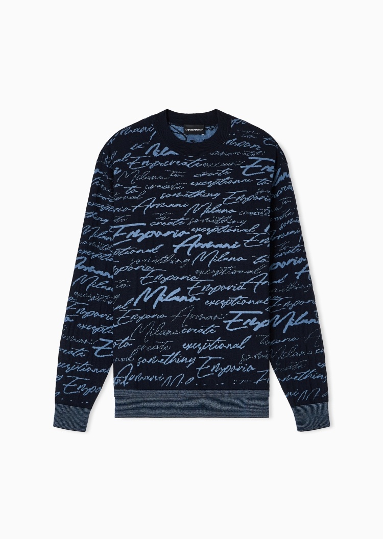 Emporio Armani 男士圆领绵羊毛提花商务套头针织毛衣