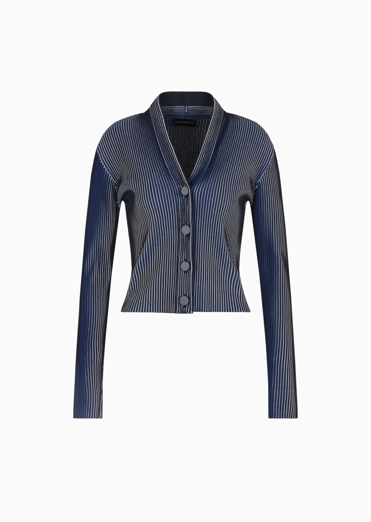 Emporio Armani 女士短款V领纽扣门襟条纹针织开衫
