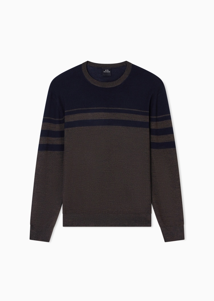 ARMANI EXCHANGE 男士圆领羊毛混纺条纹套头针织毛衣
