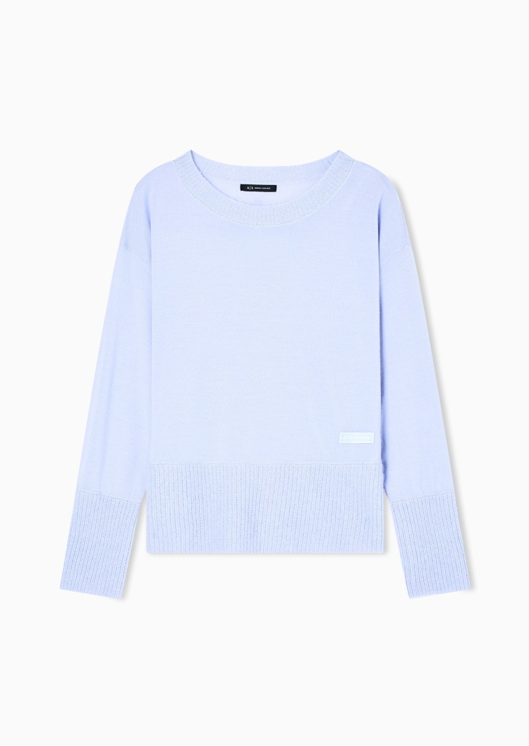ARMANI EXCHANGE 女士全绵羊毛长袖圆领罗纹饰边套头毛衣