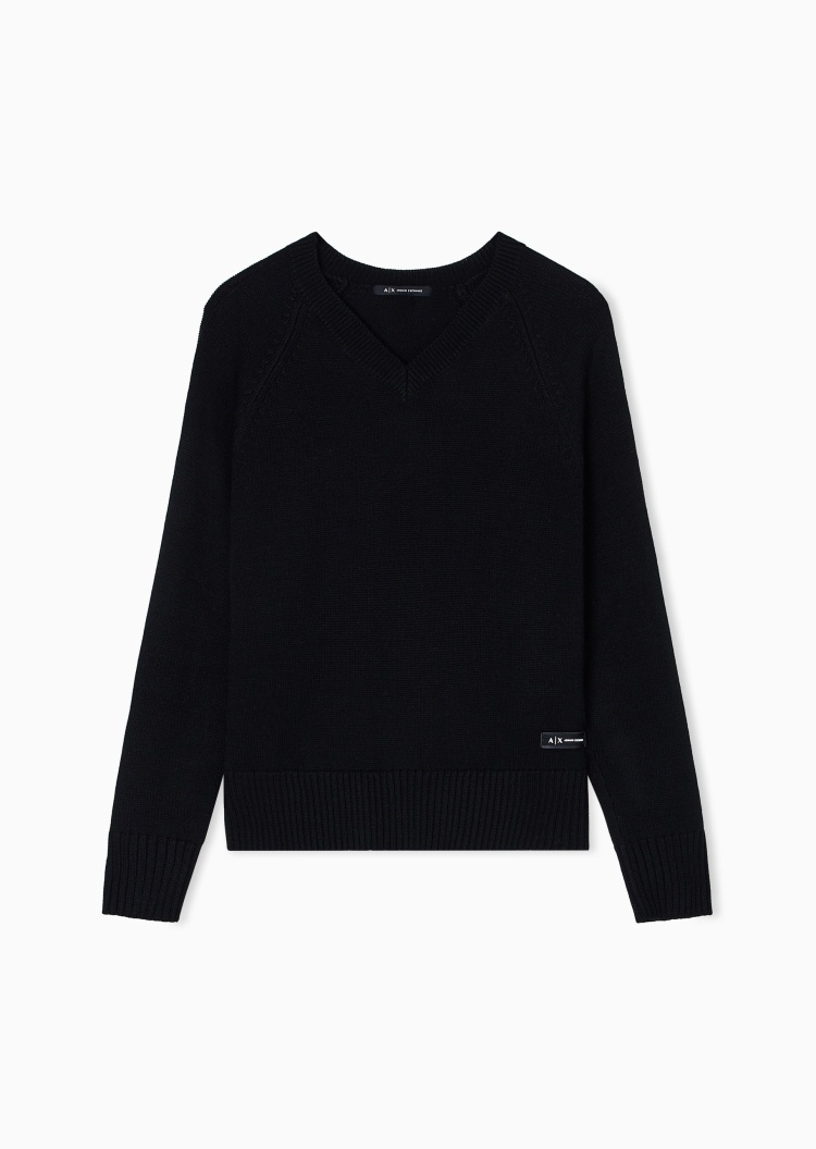 ARMANI EXCHANGE 女士绵羊毛长袖V领罗纹套头毛衣