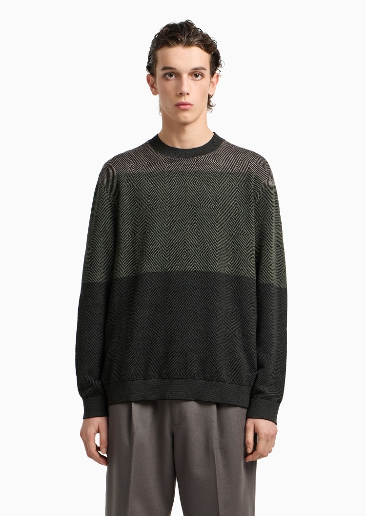 Emporio Armani 男士圆领绵羊毛菱形提花套头针织毛衣