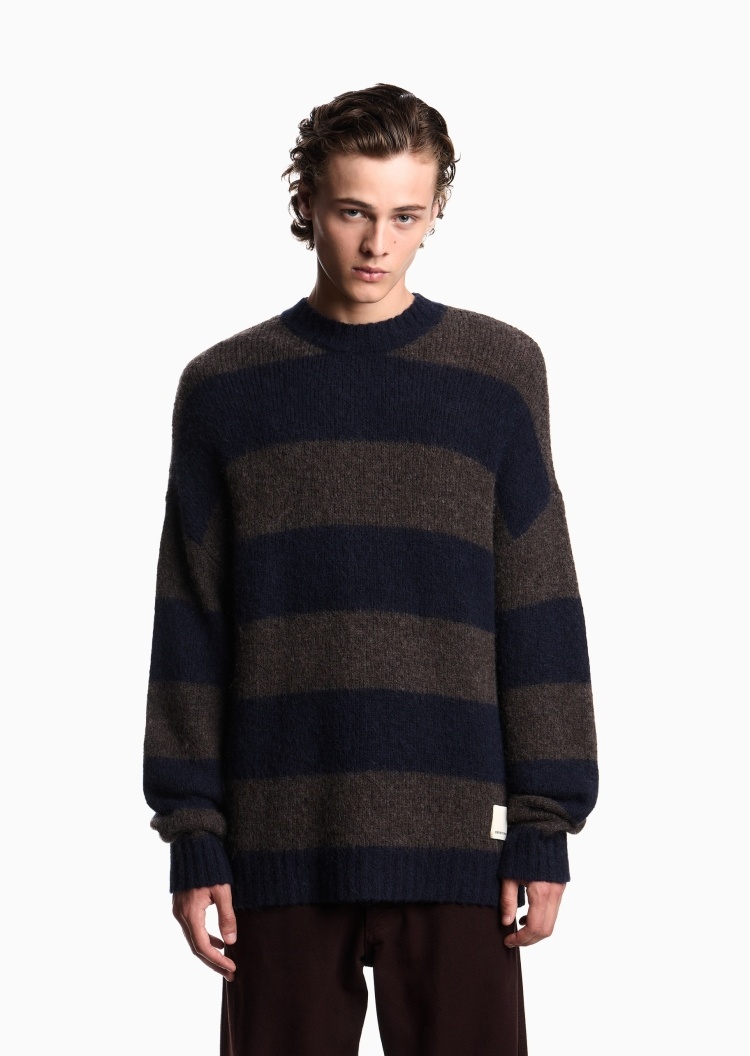 Emporio Armani 男士情侣款圆领条纹套头针织毛衣