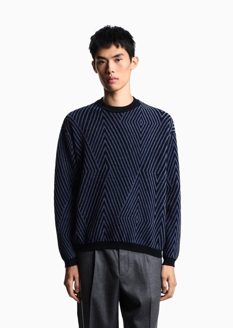 Emporio Armani 男士圆领混纺提花巴恩风套头针织毛衣