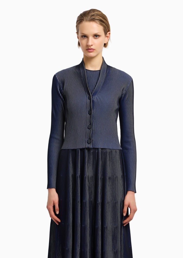 Emporio Armani 女士短款V领纽扣门襟条纹针织开衫