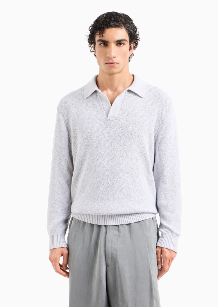 Giorgio Armani 男士全棉长袖V型翻领提花Polo衫