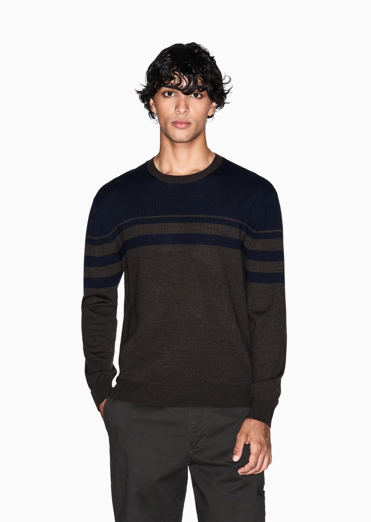 ARMANI EXCHANGE 男士圆领羊毛混纺条纹套头针织毛衣