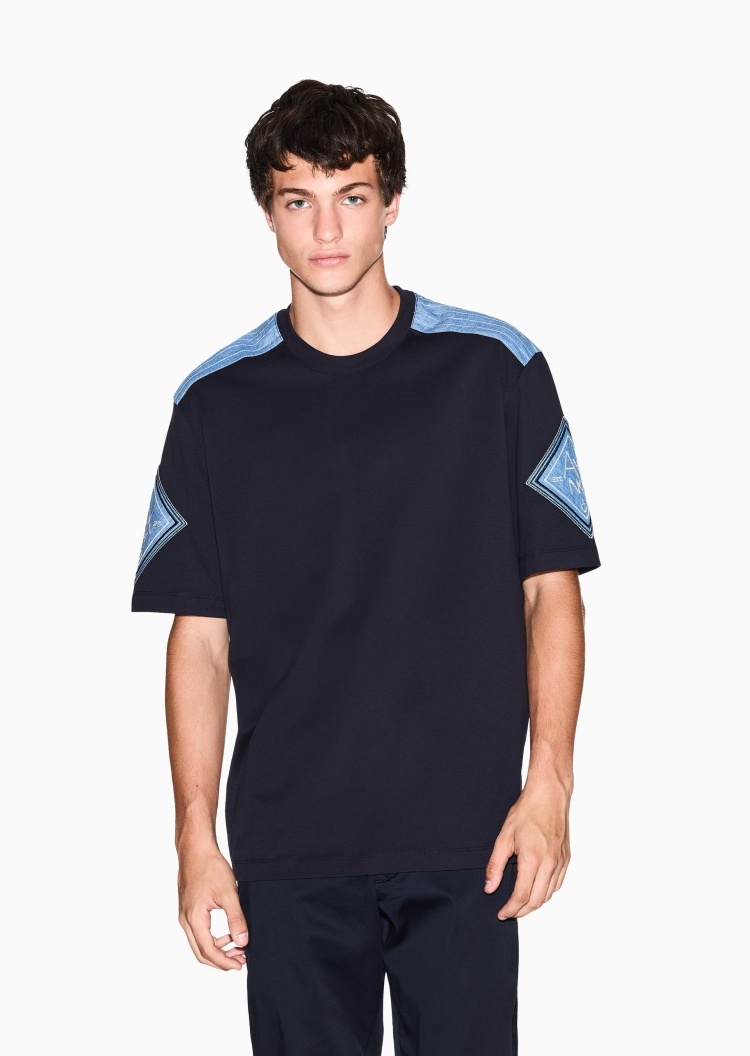 ARMANI EXCHANGE 男士纯棉宽松短袖圆领牛仔拼接T恤