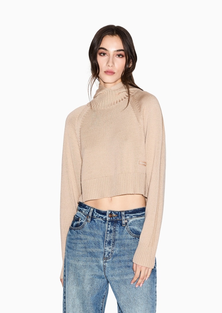 ARMANI EXCHANGE 女士绵羊毛长袖连帽纯色罗纹套头毛衣