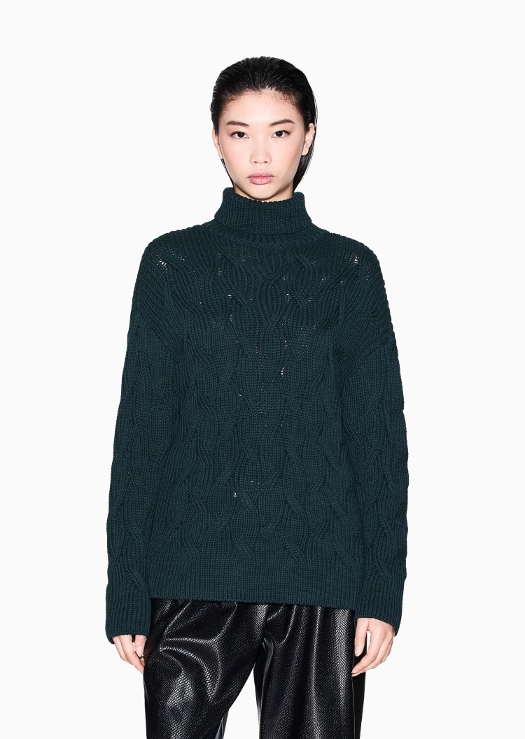 ARMANI EXCHANGE 女士棉质长袖高领绞花编织针织衫
