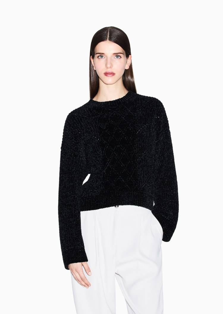 ARMANI EXCHANGE 女士短款圆领绞花编织优雅针织衫
