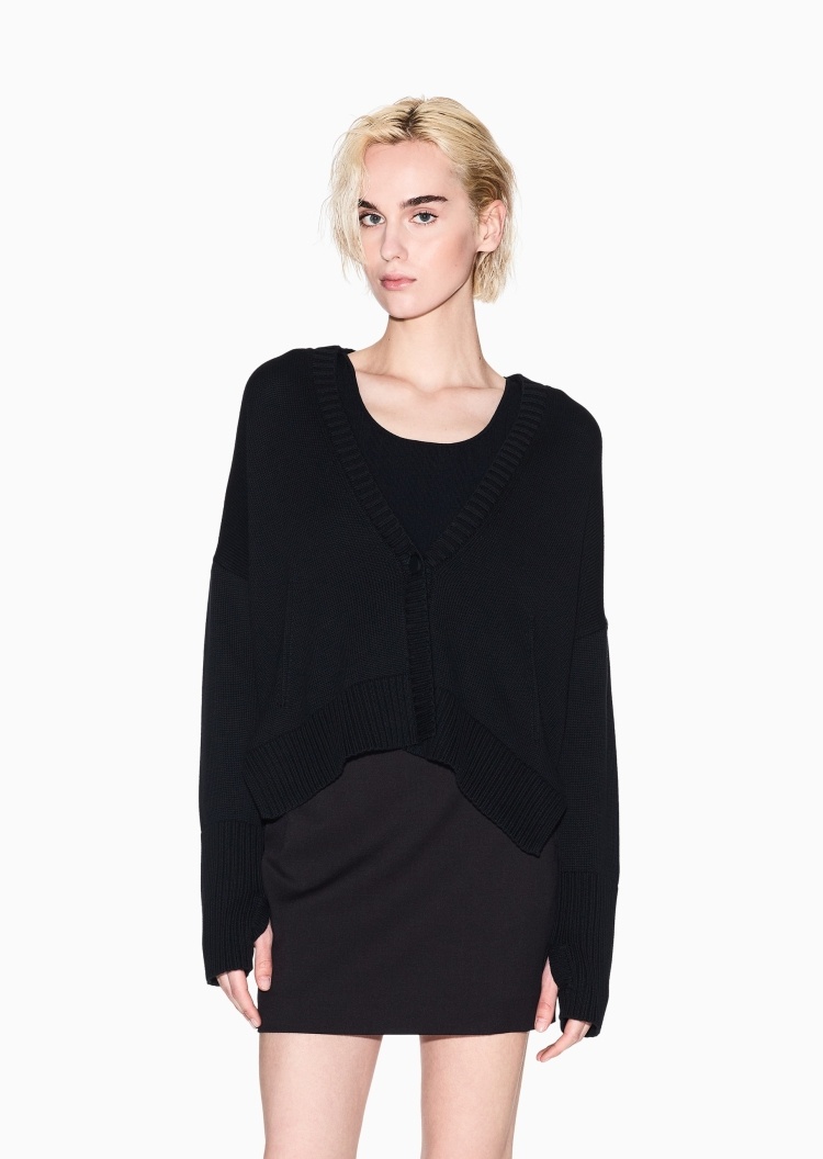 ARMANI EXCHANGE 女士全棉短款V领落肩罗纹针织开衫