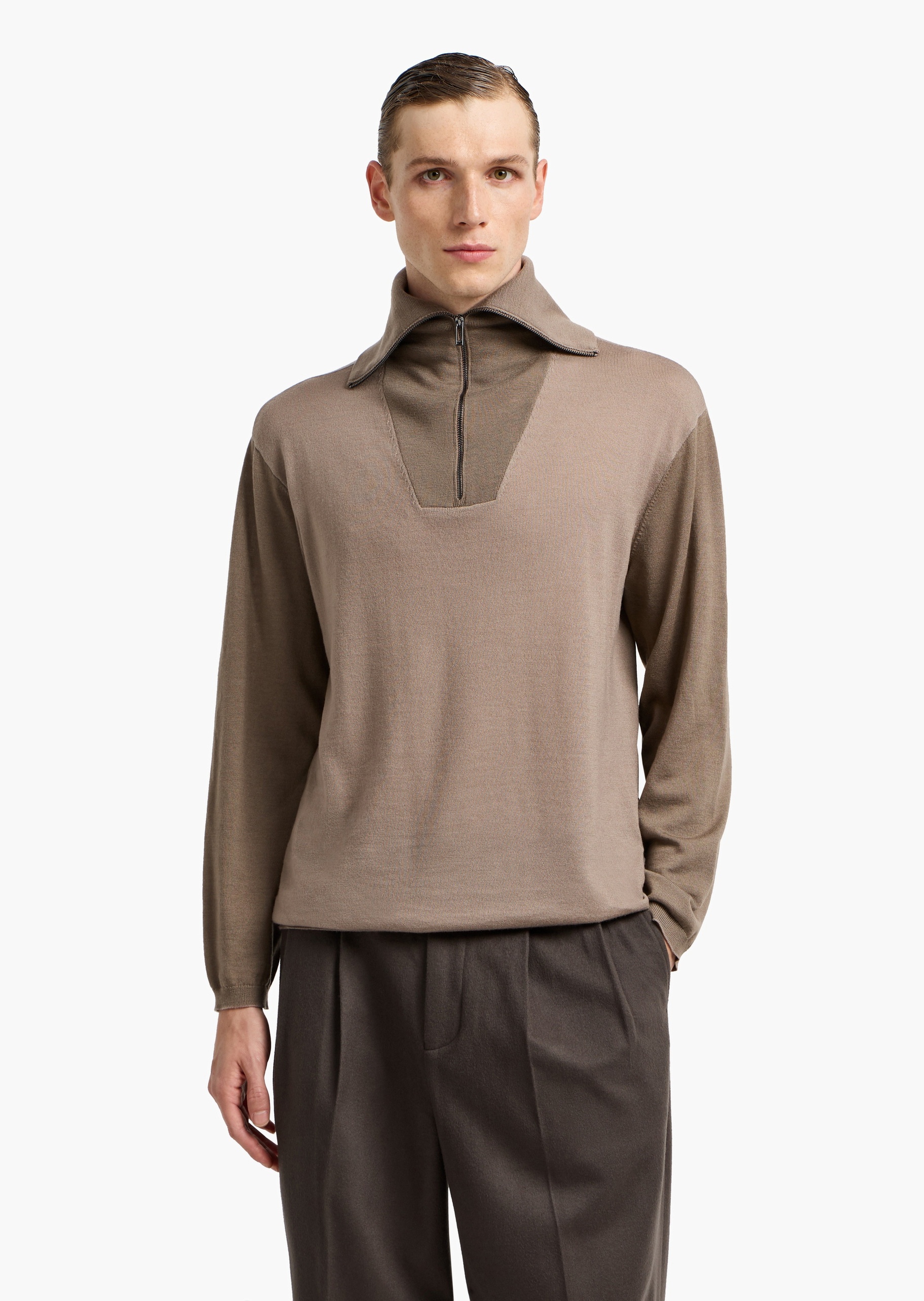 Emporio Armani 男士绵羊毛Polo领翻领半拉链针织毛衣