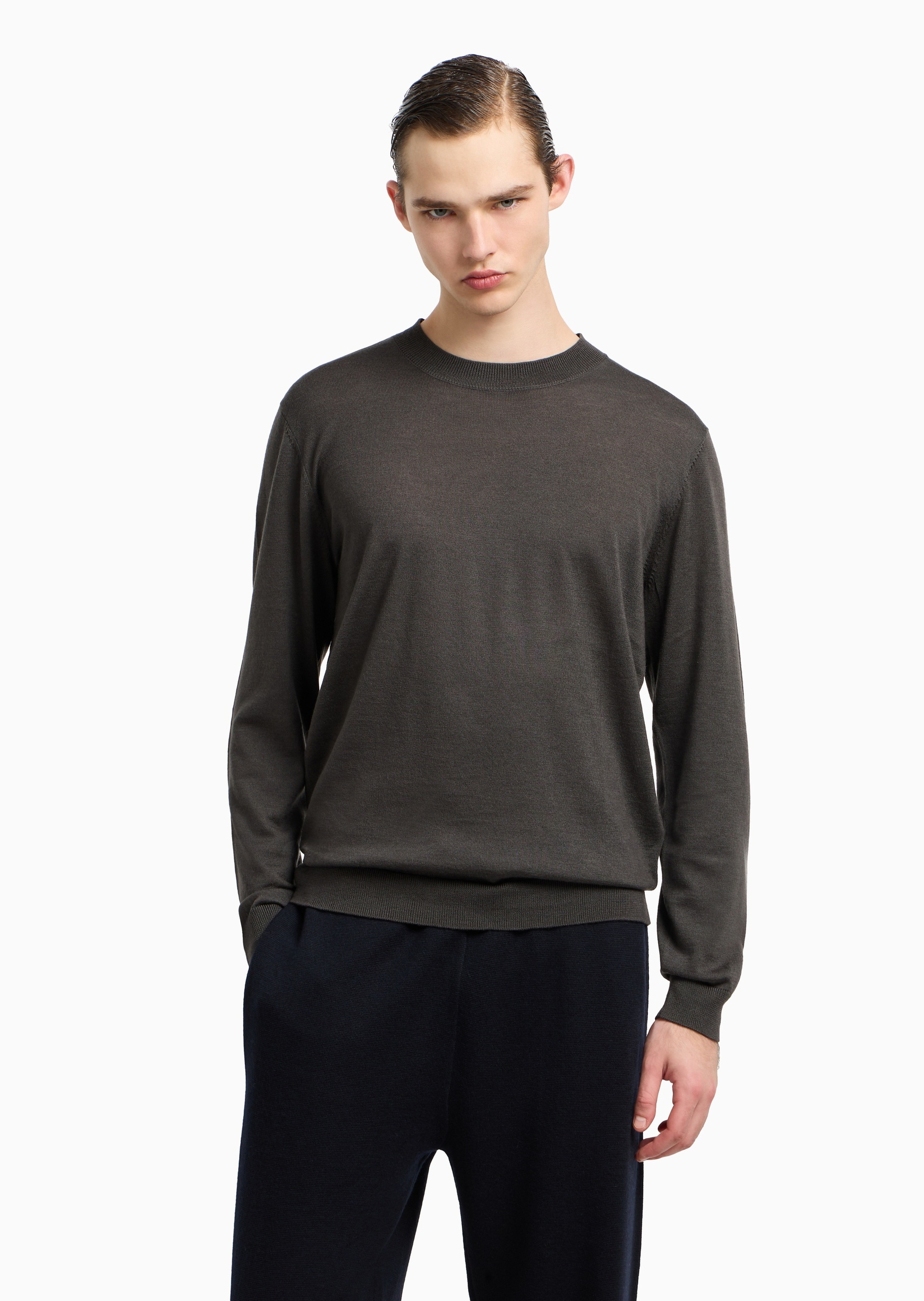 Emporio Armani 男士圆领绵羊毛老钱风套头针织毛衣