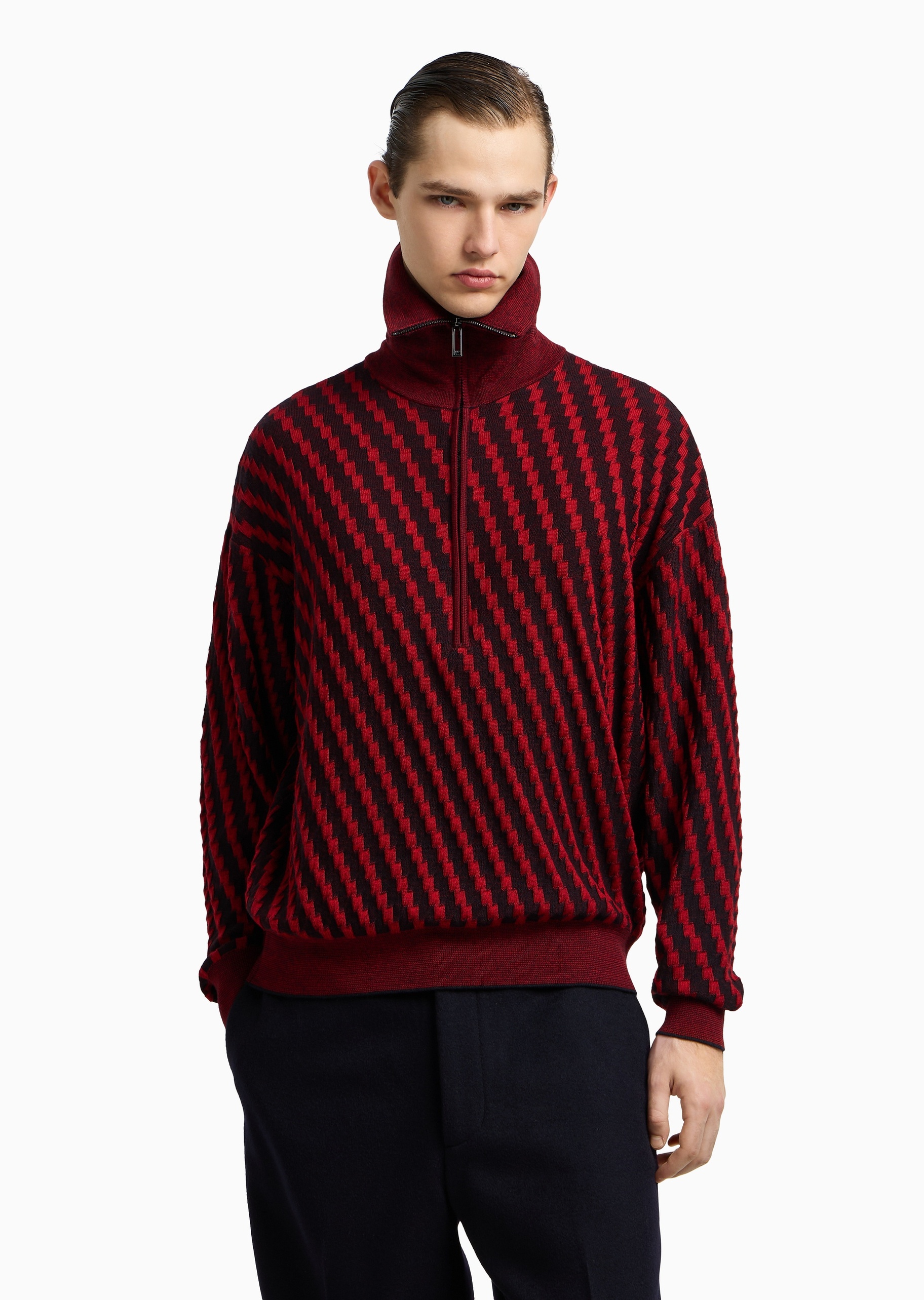 Emporio Armani 男士半高领绵羊毛半拉链套头针织毛衣