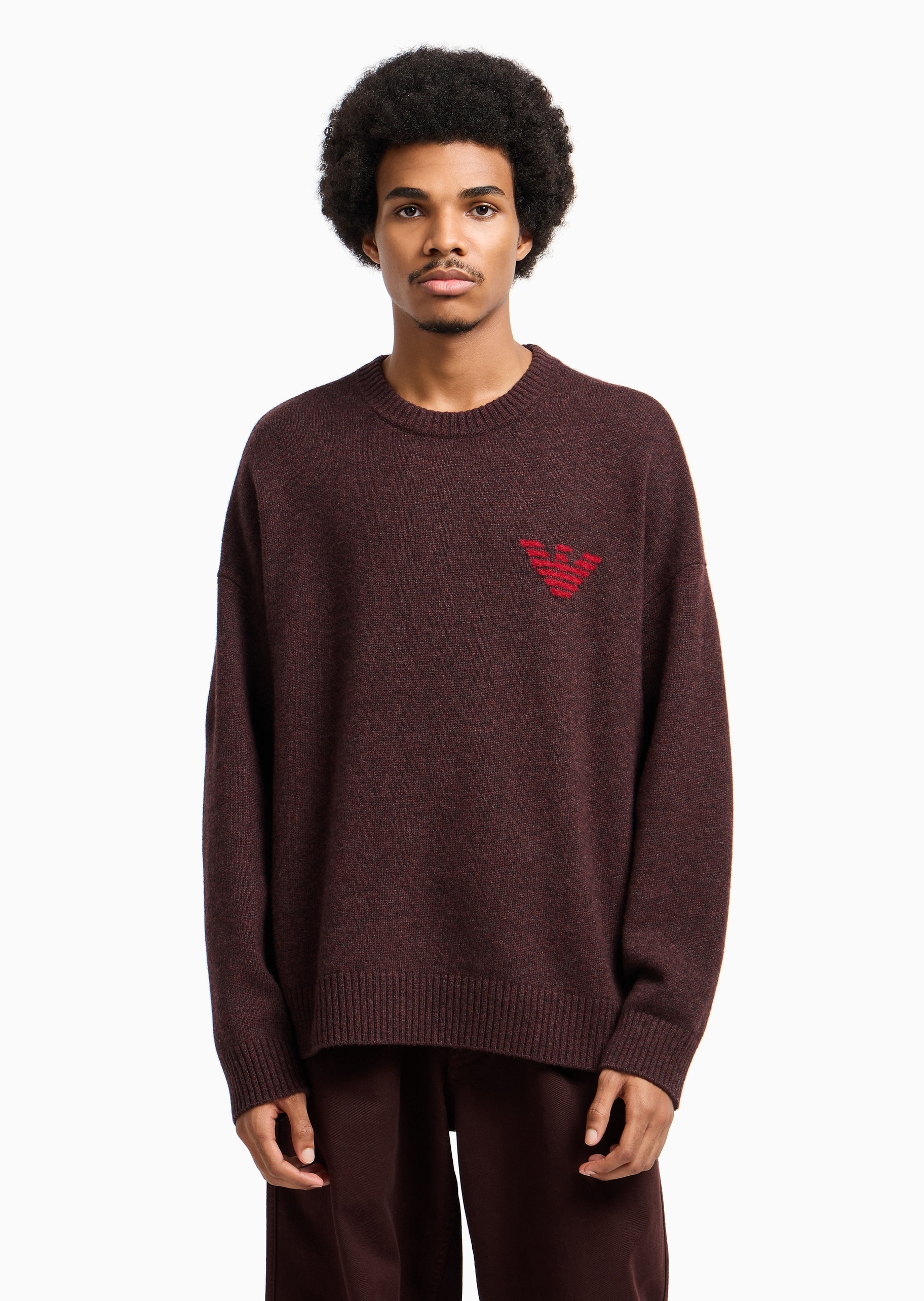 Emporio Armani 男士圆领绵羊毛宽松刺绣套头针织毛衣