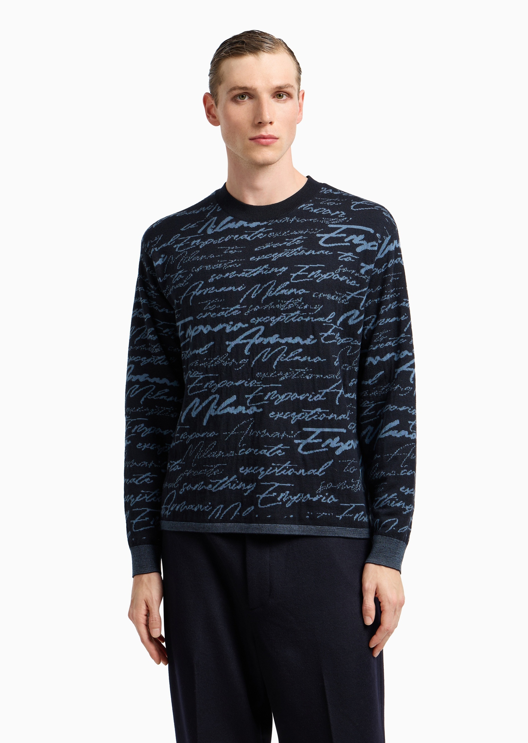 Emporio Armani 男士圆领绵羊毛提花商务套头针织毛衣