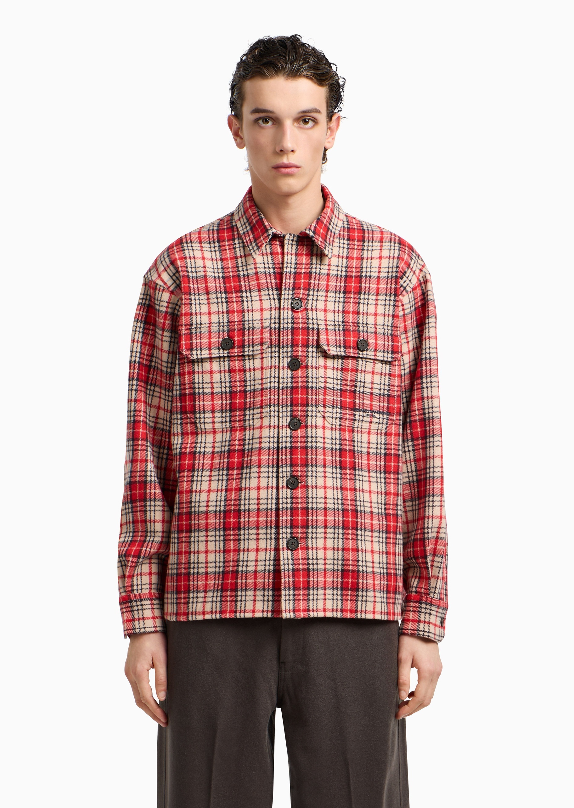 Emporio Armani 男士格纹轻奢长袖人夫感工装衬衫
