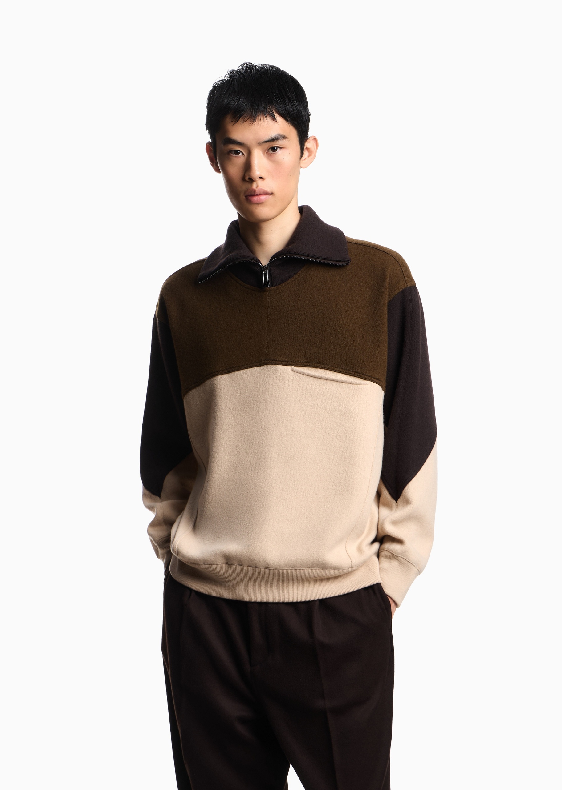 Emporio Armani 男士绵羊毛衬衫领翻领半拉链针织毛衣