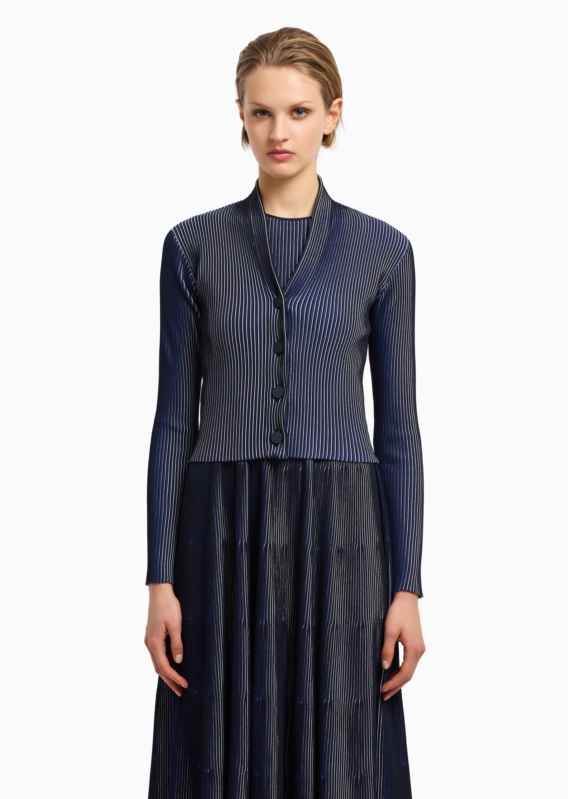 Emporio Armani 女士短款V领纽扣门襟条纹针织开衫