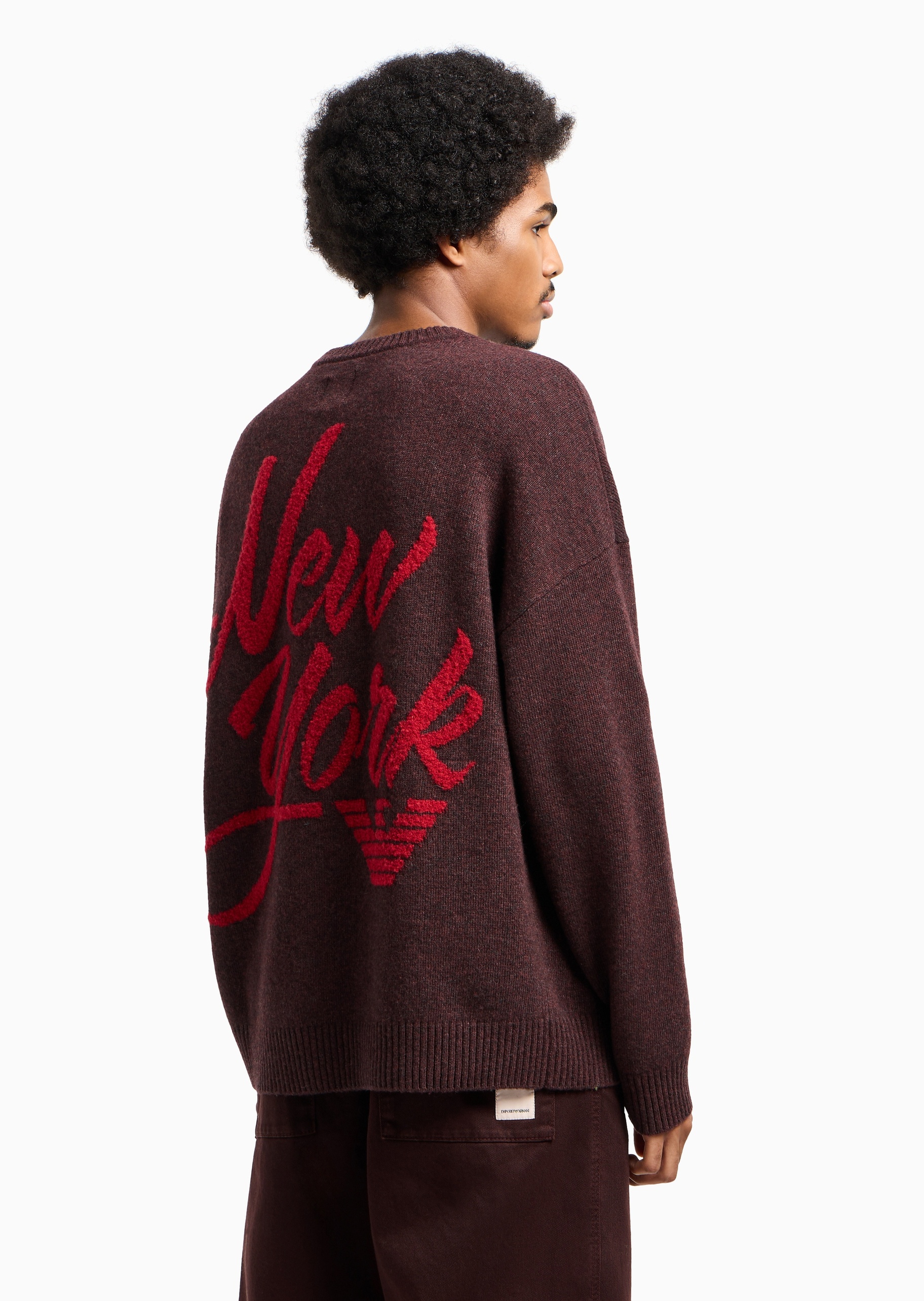 Emporio Armani 男士圆领绵羊毛宽松刺绣套头针织毛衣