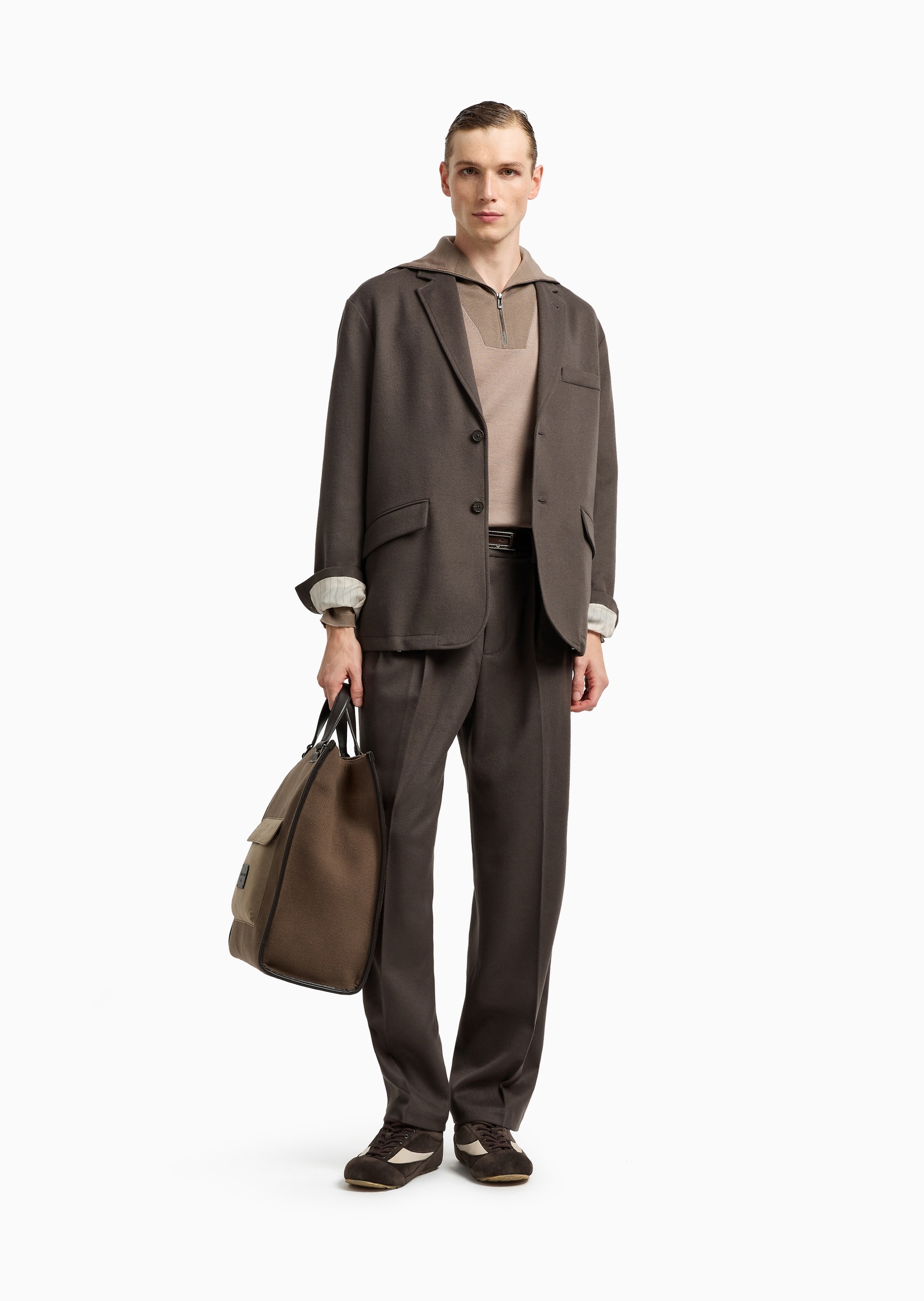 Emporio Armani 男士绵羊毛Polo领翻领半拉链针织毛衣