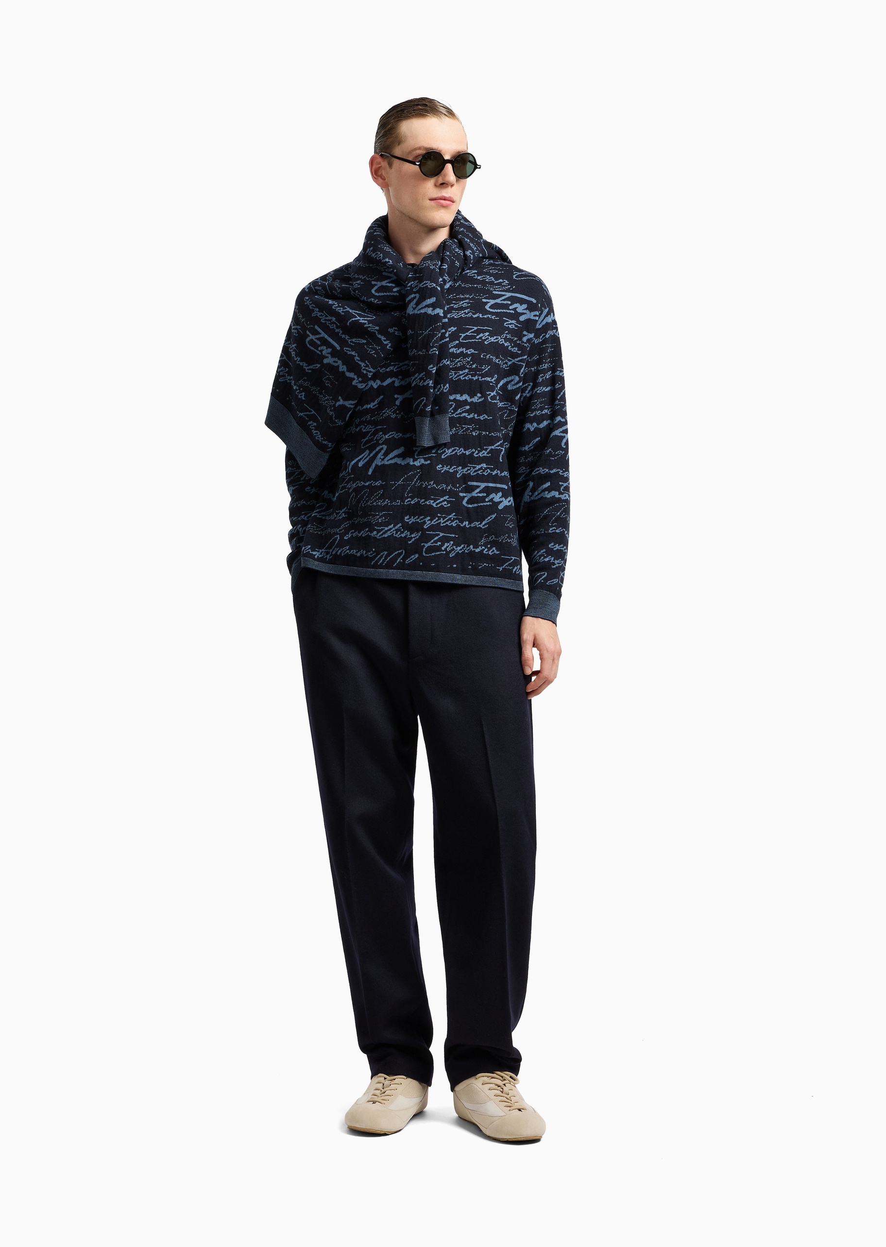 Emporio Armani 男士圆领绵羊毛提花商务套头针织毛衣