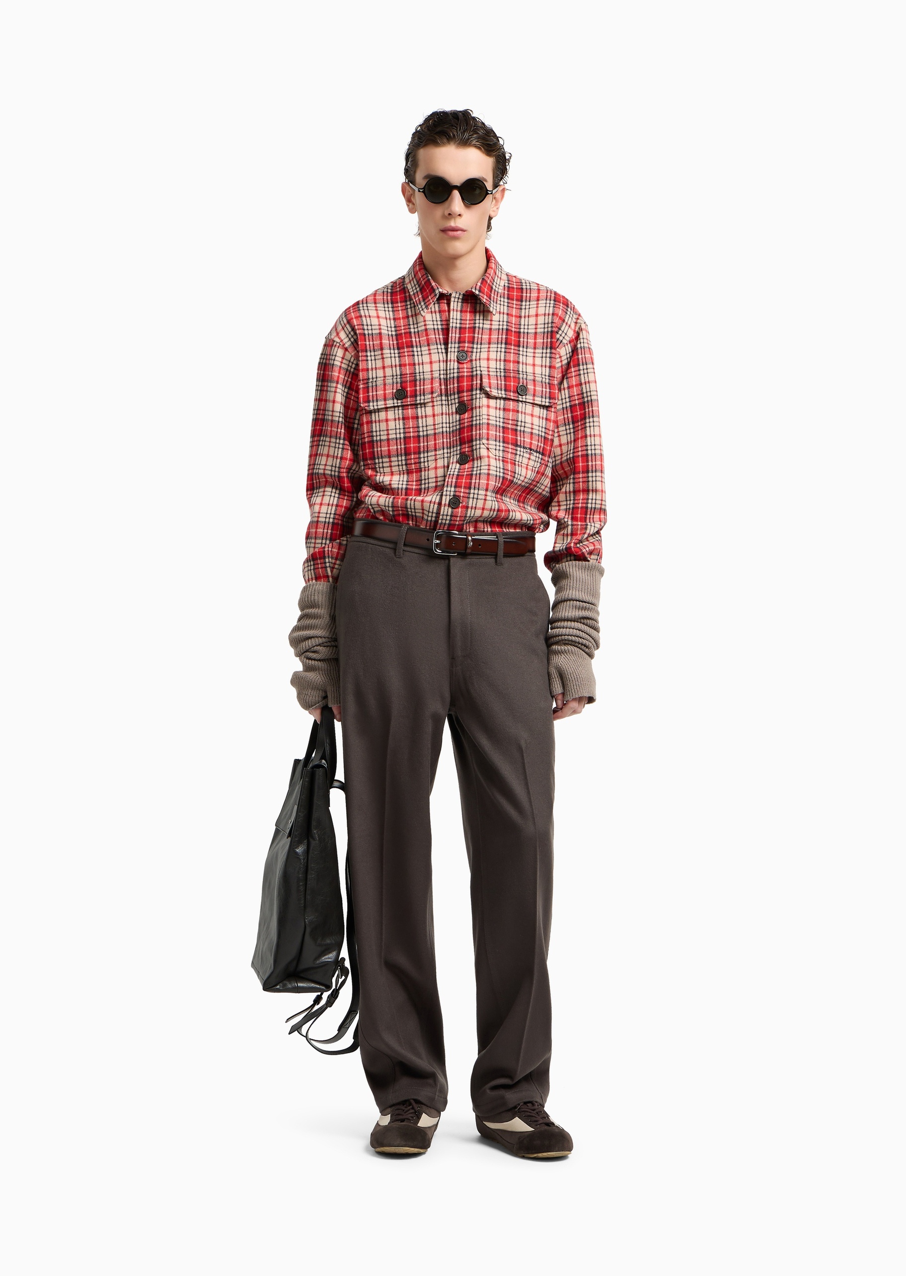 Emporio Armani 男士格纹轻奢长袖人夫感工装衬衫