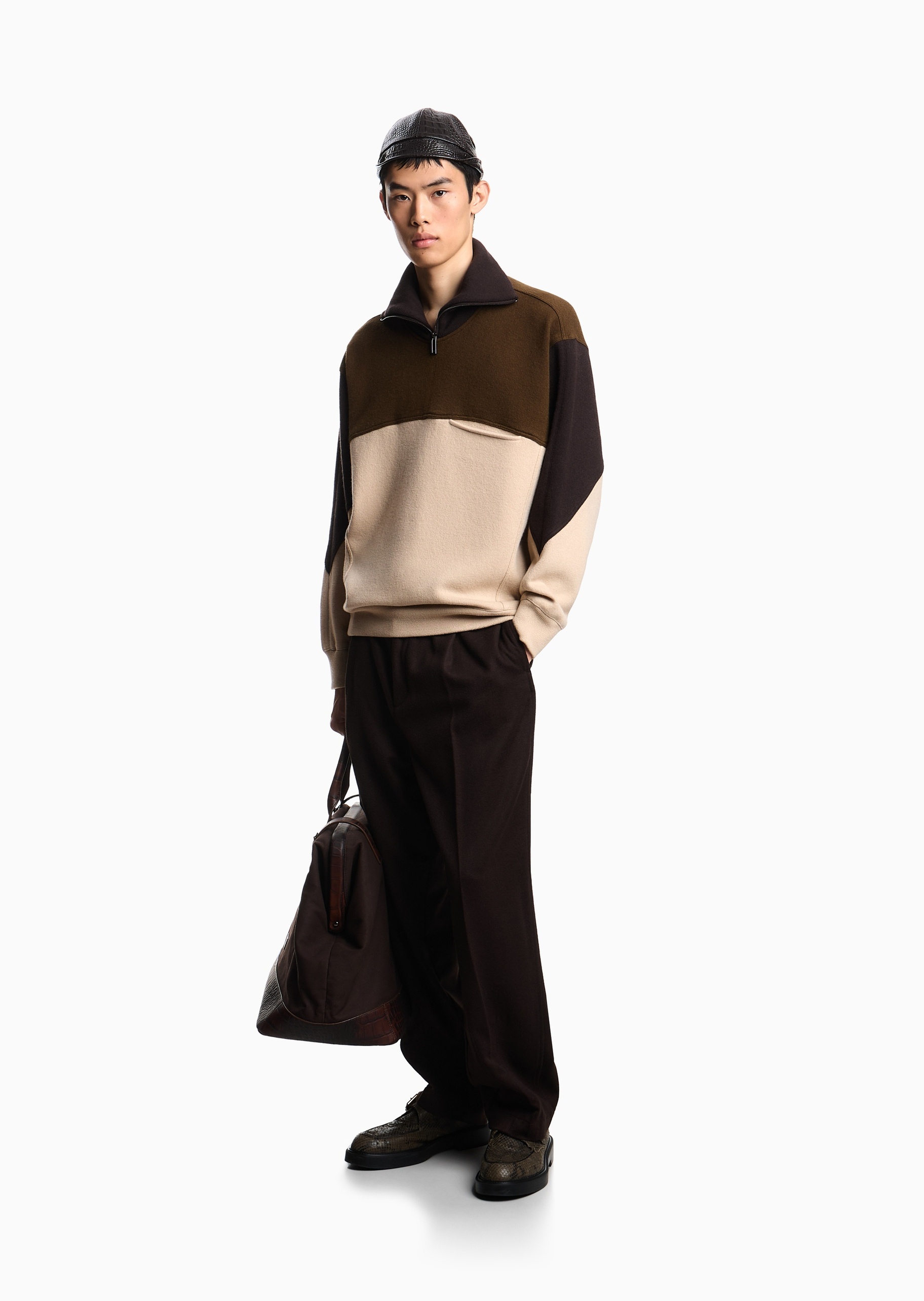 Emporio Armani 男士绵羊毛衬衫领翻领半拉链针织毛衣