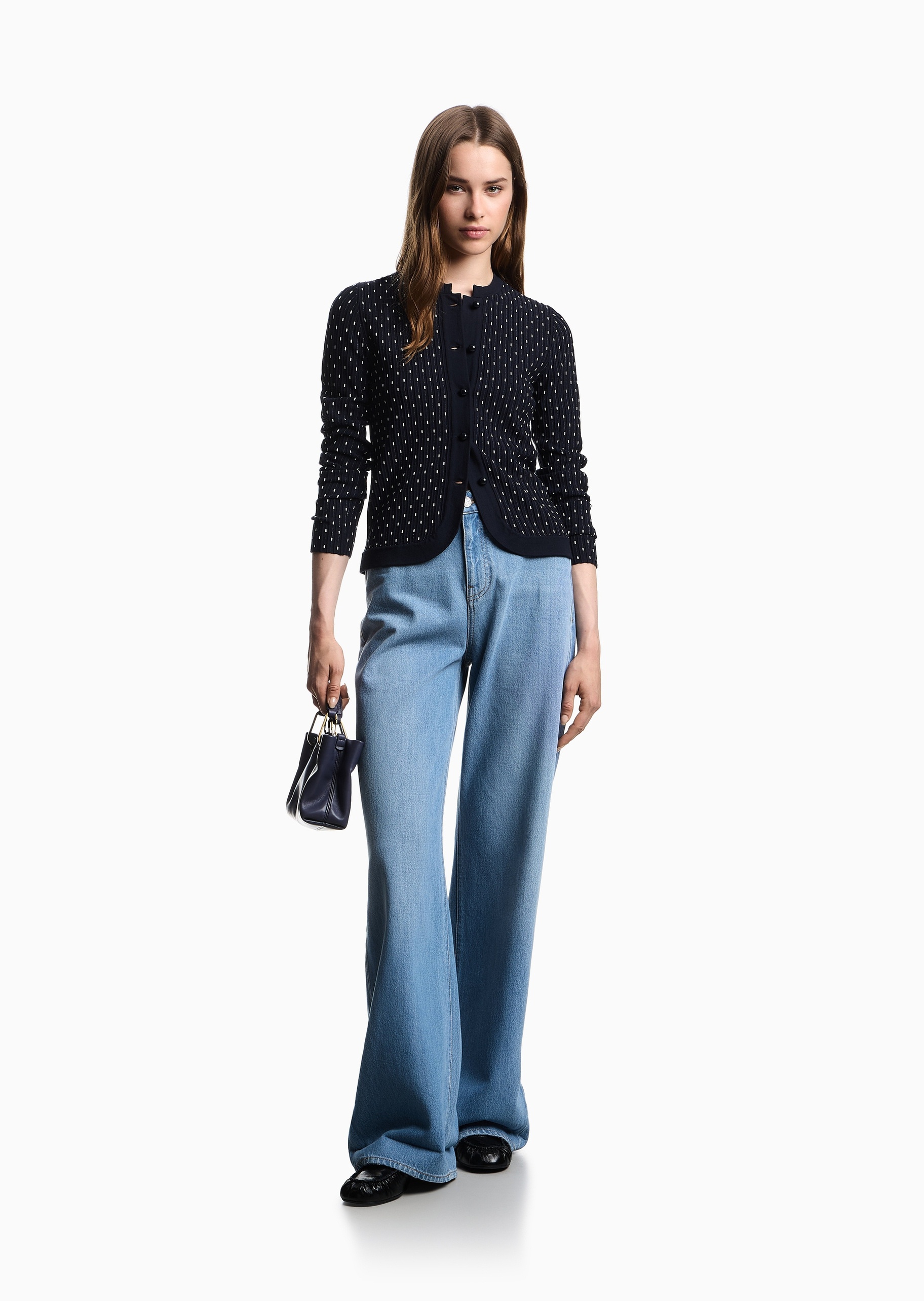 Emporio Armani 女士混纺圆领合身波点提花针织开衫