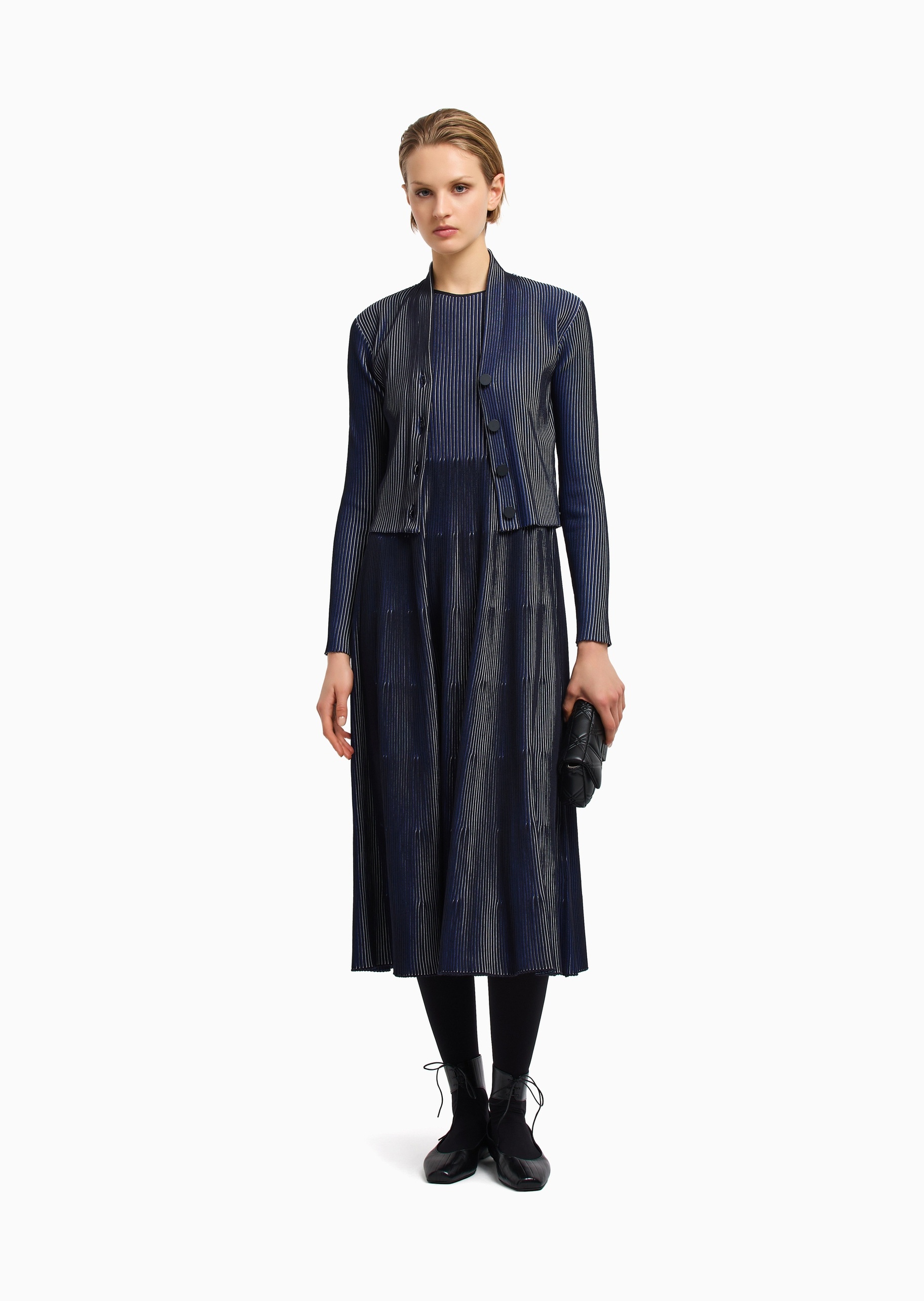 Emporio Armani 女士短款V领纽扣门襟条纹针织开衫