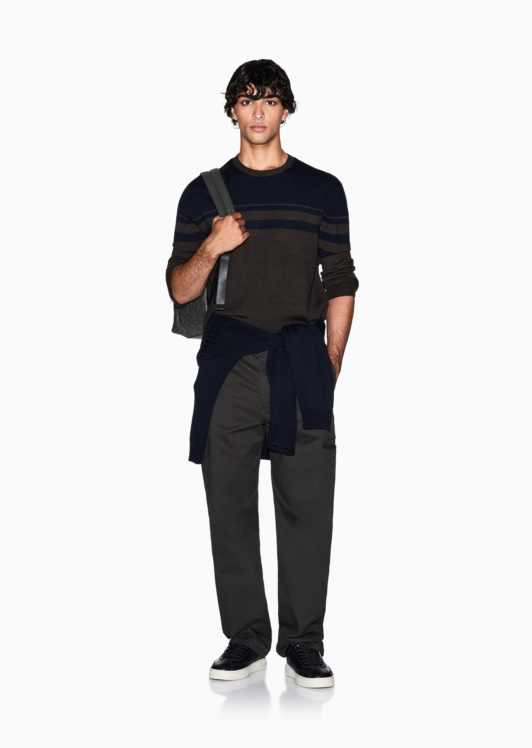 ARMANI EXCHANGE 男士圆领羊毛混纺条纹套头针织毛衣