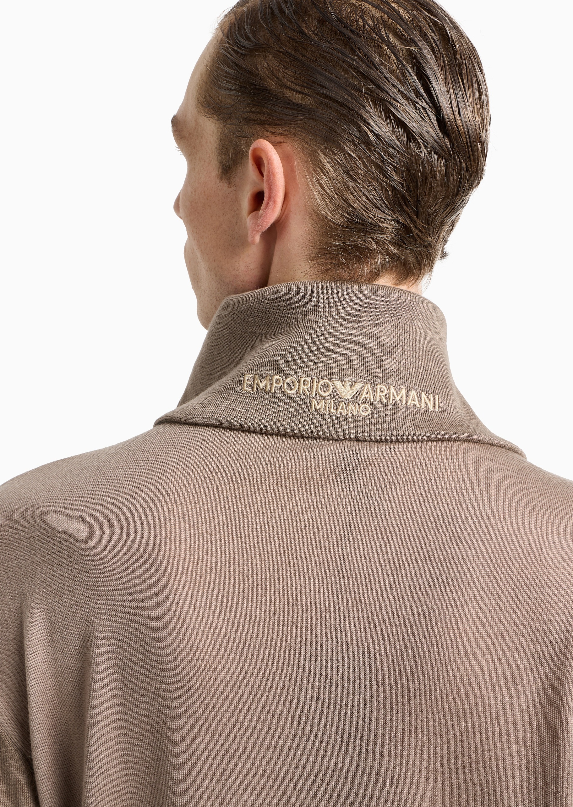 Emporio Armani 男士绵羊毛Polo领翻领半拉链针织毛衣