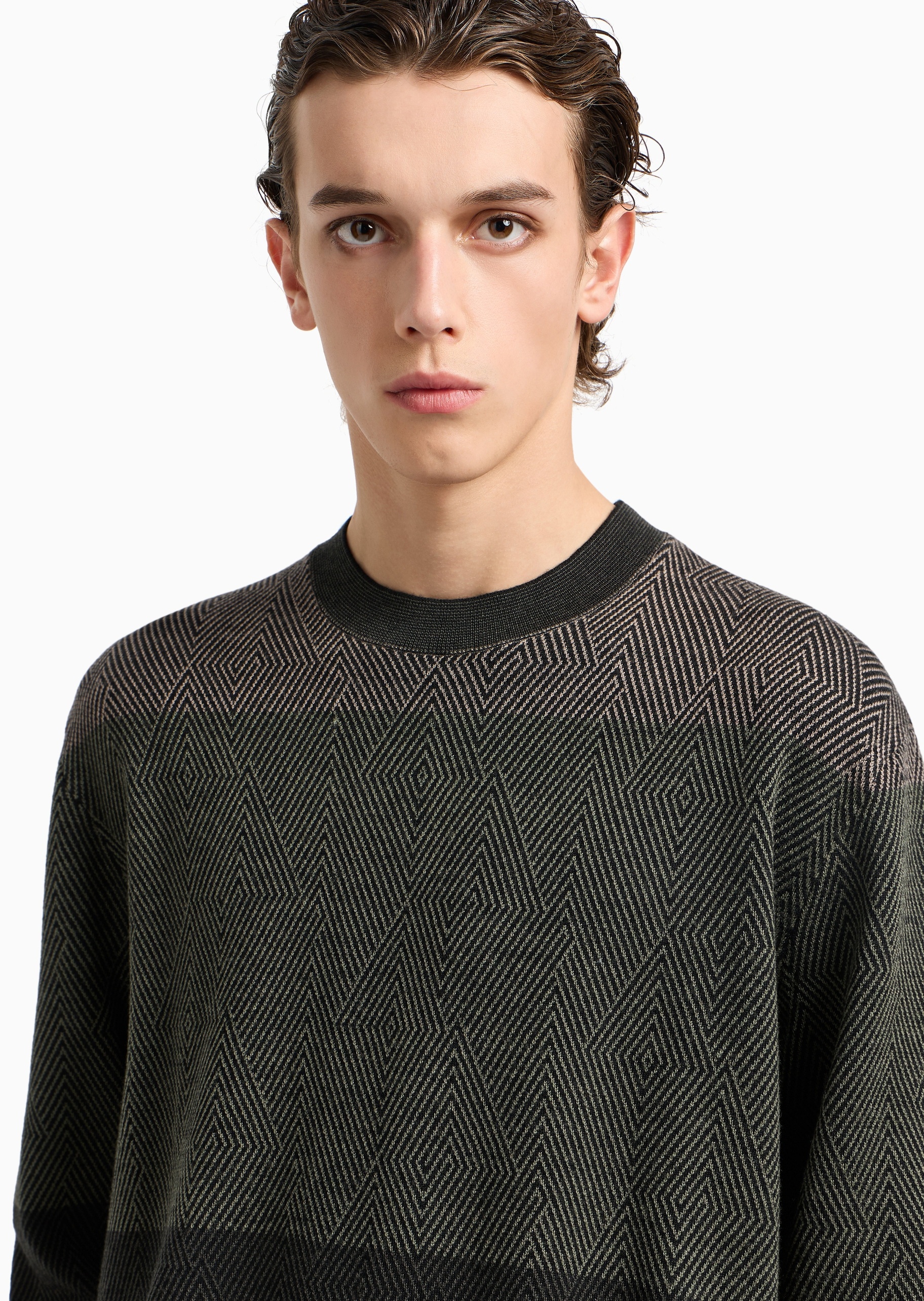 Emporio Armani 男士圆领绵羊毛菱形提花套头针织毛衣