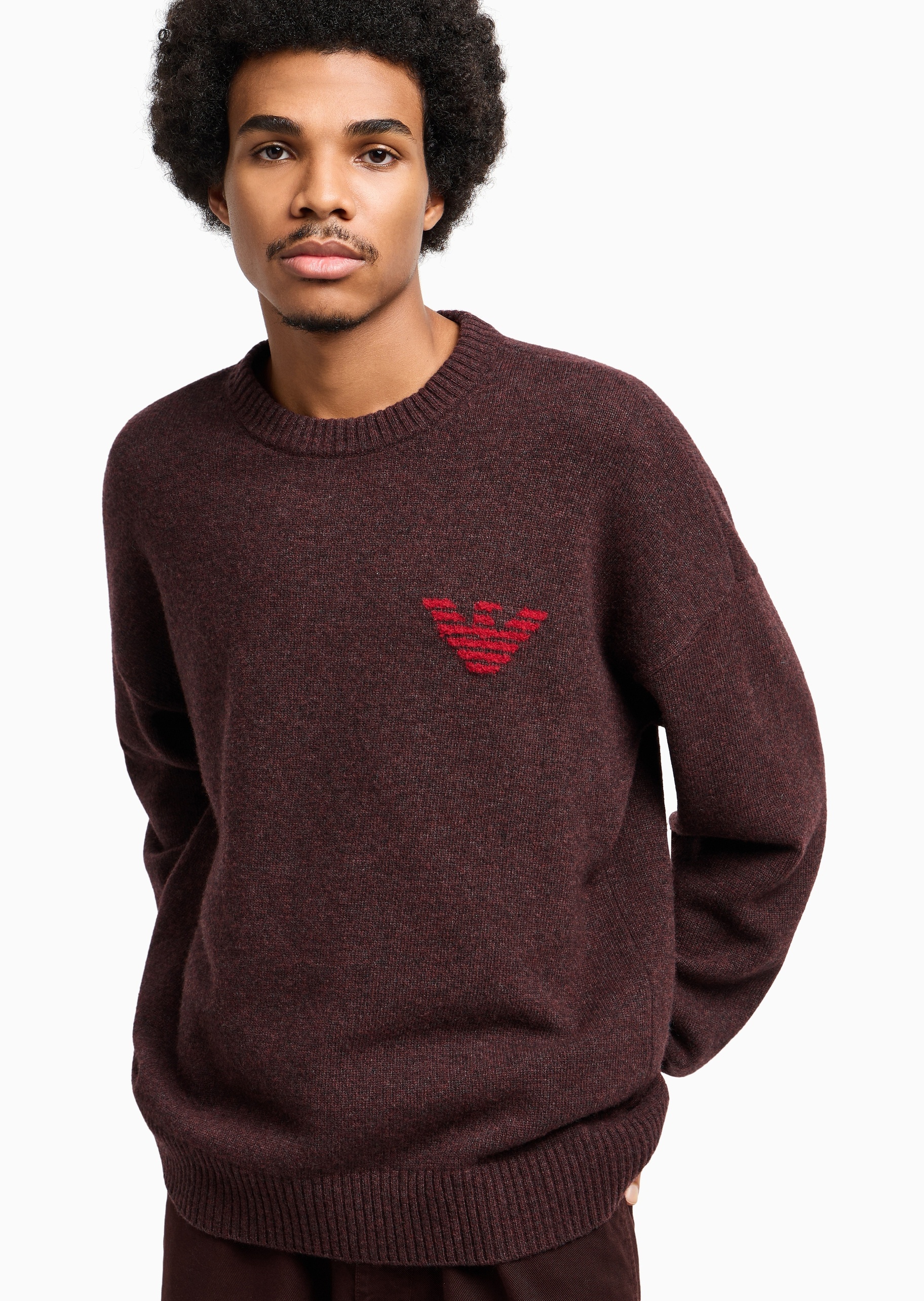 Emporio Armani 男士圆领绵羊毛宽松刺绣套头针织毛衣