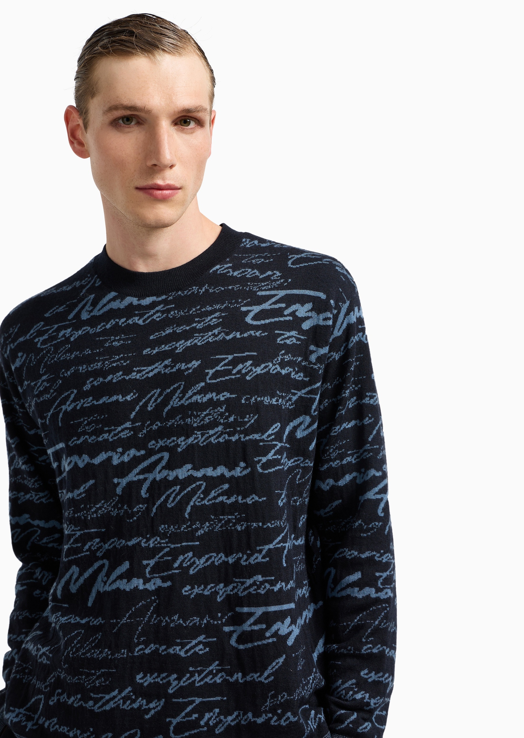 Emporio Armani 男士圆领绵羊毛提花商务套头针织毛衣