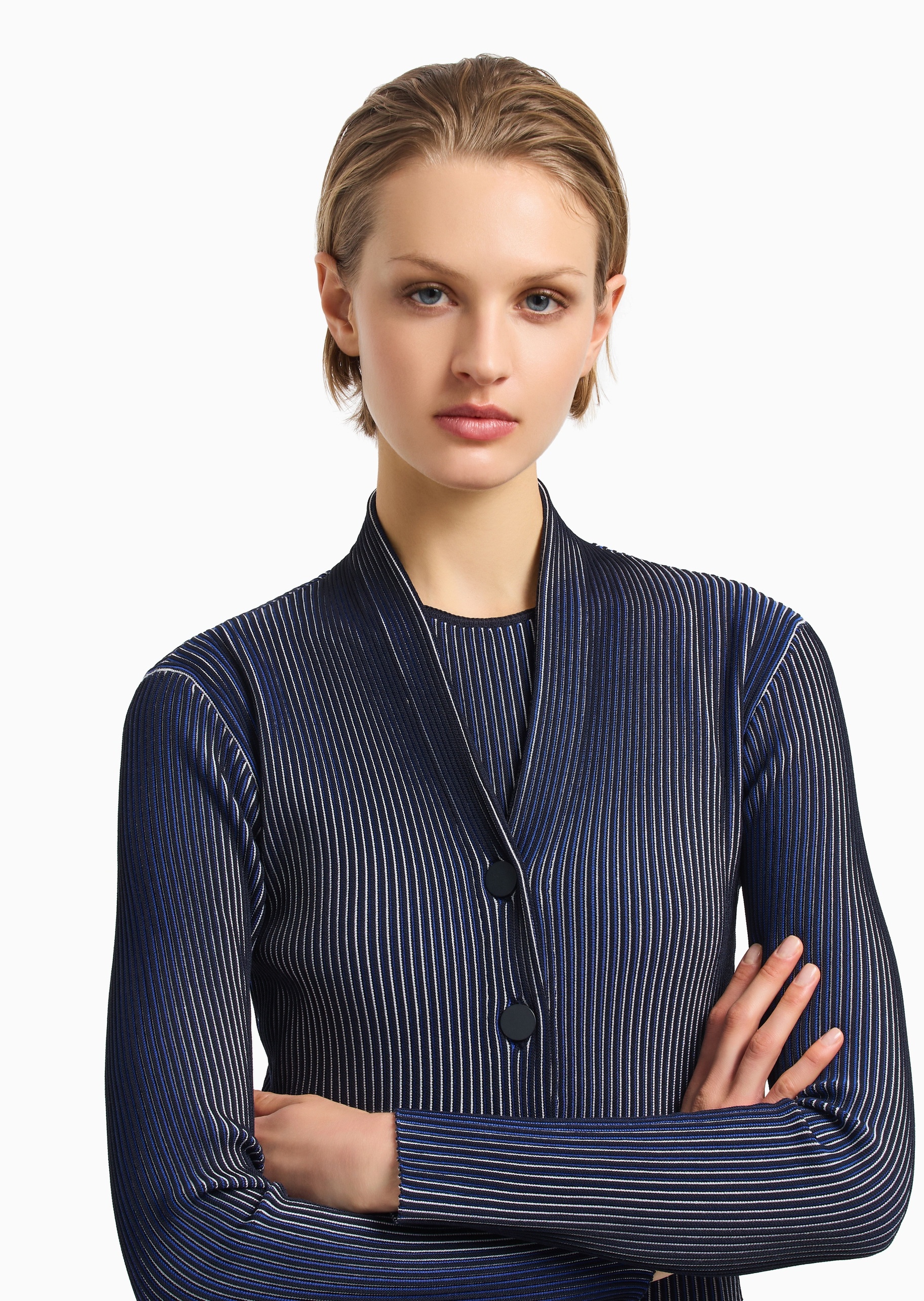 Emporio Armani 女士短款V领纽扣门襟条纹针织开衫